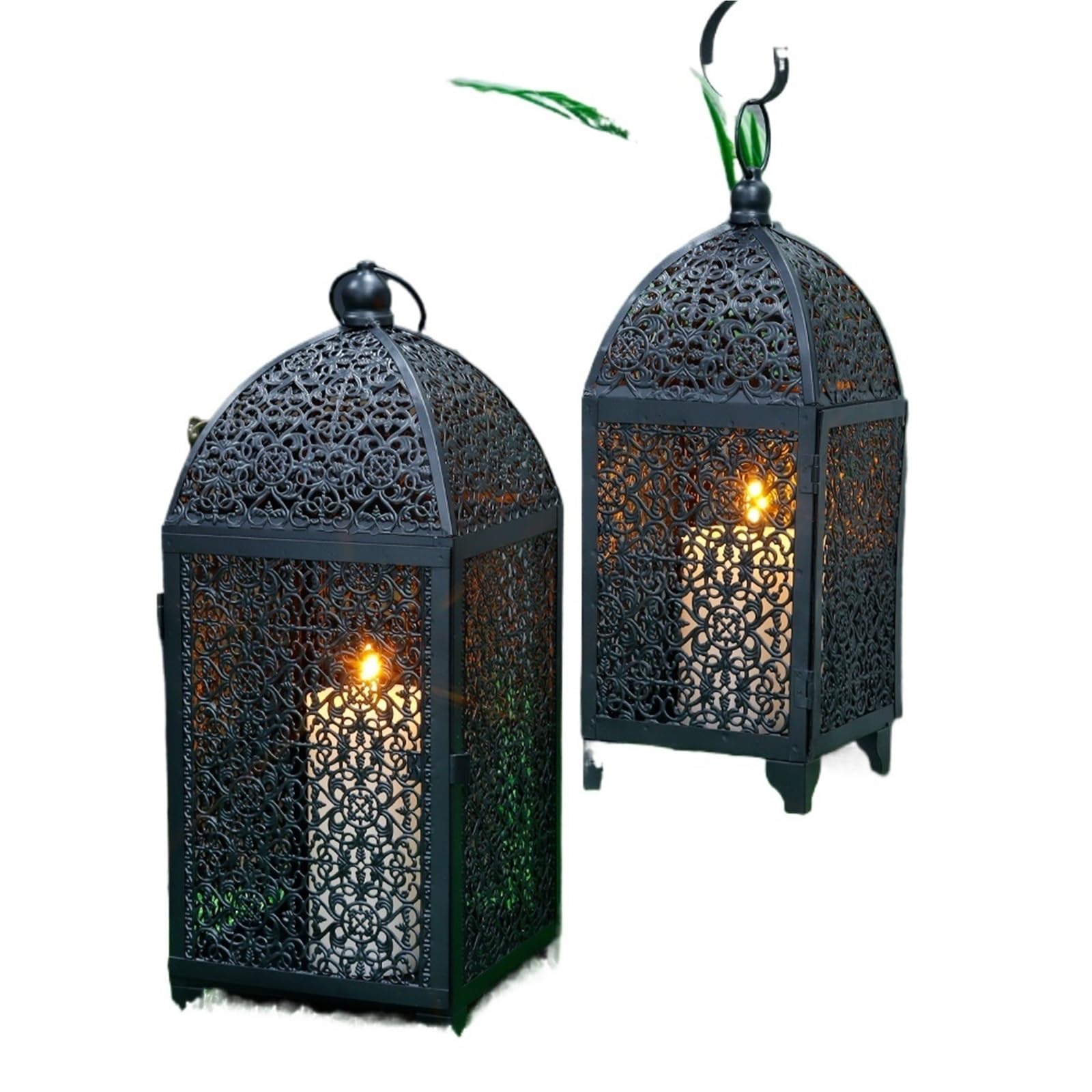 Portavelas Decorativo en Forma de farolillo 2 portavelas de Metal Negro Vintage, Farol Colgante Decorativo con patrón Hueco for decoración Fiestas, jardín y hogar