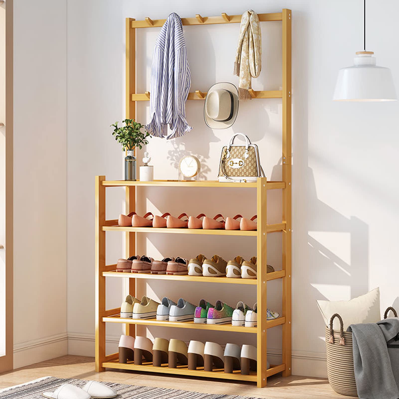 Entryway Coat Rack, UHOOME Bamboo Hall Tree Shoe Storage Bench