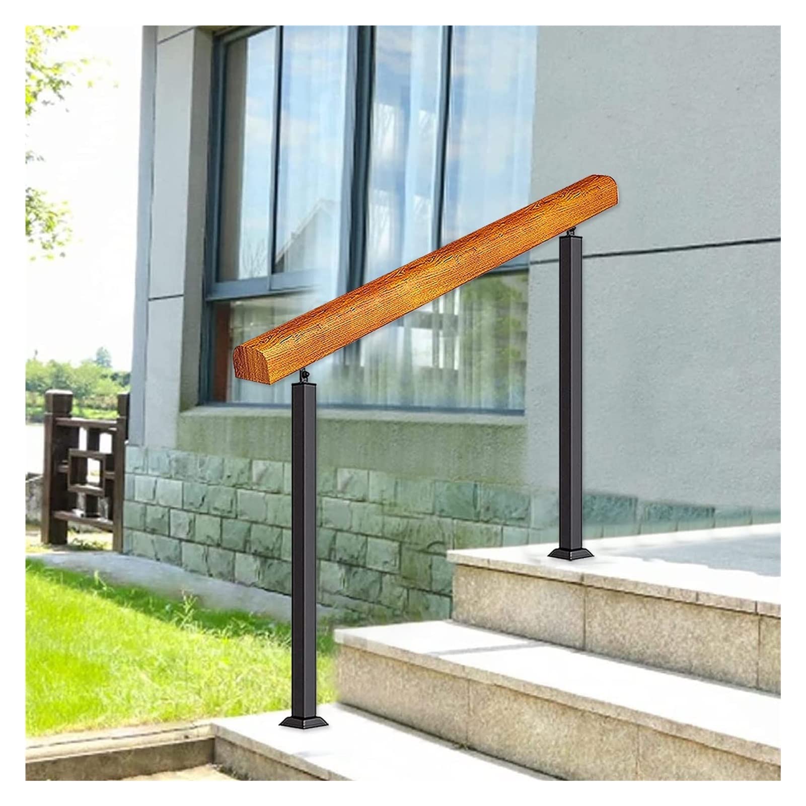Meiiron Staircase Handrails, 2 Post Wood Handrail Adjustable Handrail Railing with Iron Base Sturdy Outdoor Handrails Fits 1 or 2 Steps Handrail Grab Rail Wrought (Color : L90cm, Size : Height 80cm)