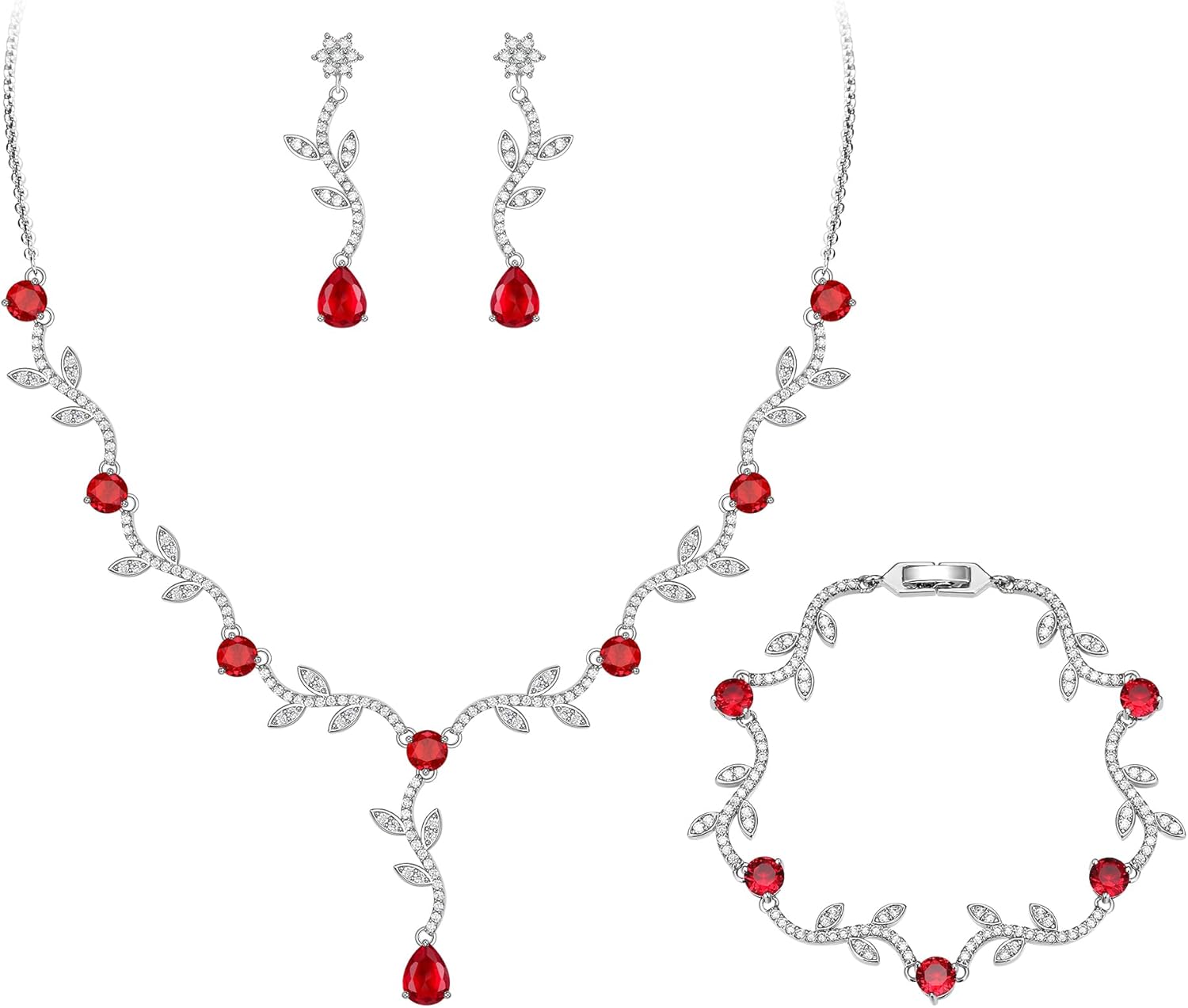 Crysdue Wedding Vine Jewelry Set for Brides Bridesmaid, Cubic Zirconia Elegance Teardrop Necklace Bracelet Dangle Earrings for Wedding Prom Party, Leaves Bridal Jewelry