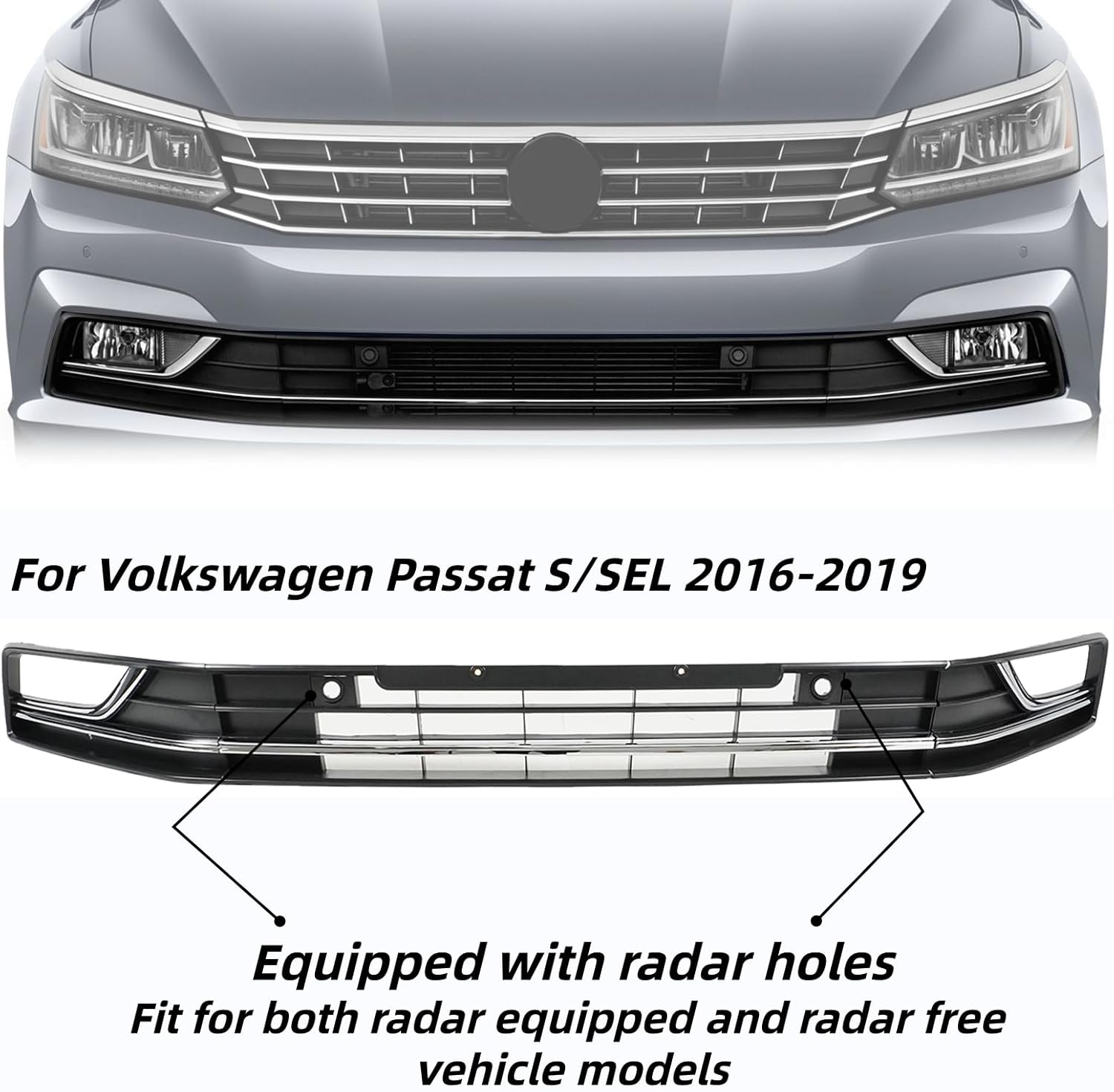 Front Bumper Lower Grille with Fog Lamp Bezel Cover For Volkswagen Passat S/SEL 2016 2017 2018 2019 Replace 561853671HRYP VW1036141 (For Passat 16-19) - Image 4