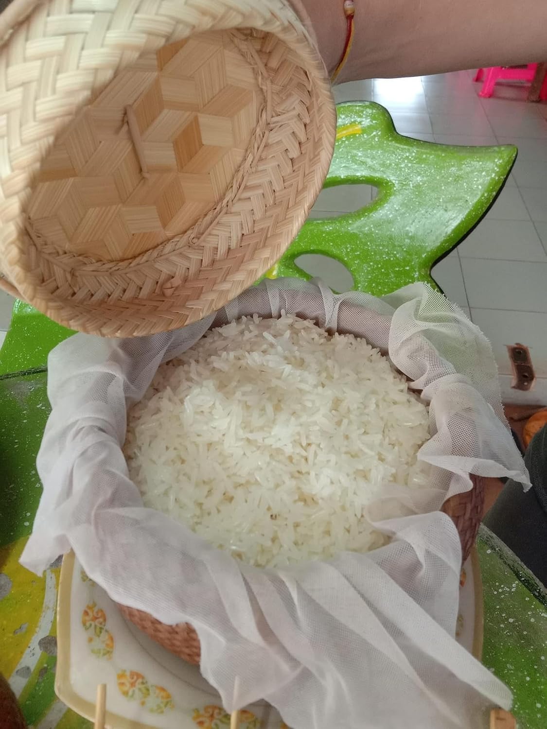 Woven Wicker Steamer Basket Set with Serving Basket and Rice Paddle, Large. This set provides all of the items that are needed to cook and serve perfect sticky rice for meals, snacks.