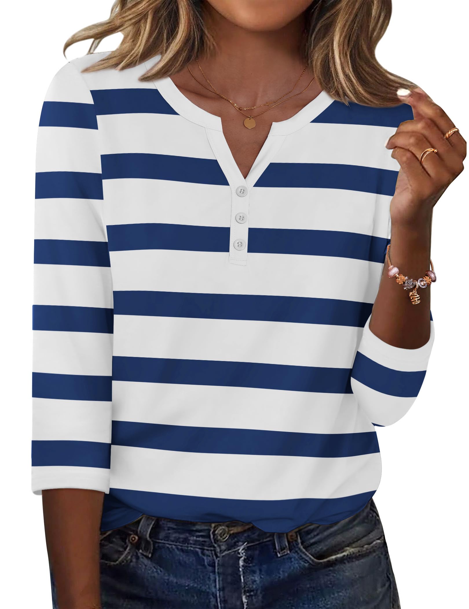 Zeagoo Tshirt Damen 3/4 Arm Shirt V-Ausschnitt Elegant Oberteile Locker Basic Top Tunika Bluse Sommer mit Knöpfen S-XXL