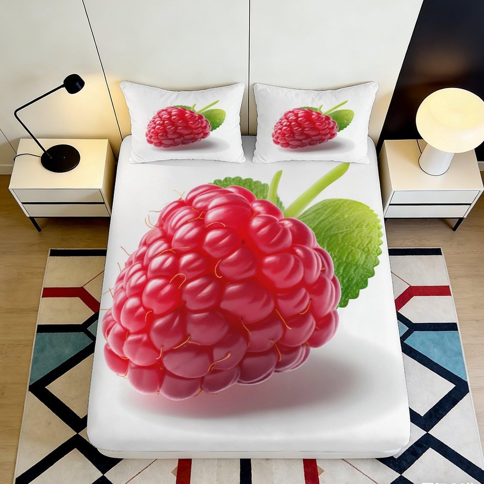 3D Printed Raspberry Fruit Fitted Sheet Microfiber Soft Anti-Slip Red Leaf Bed Cover for Bedroom Dorm Mattress Decoration 90x200x25cm
