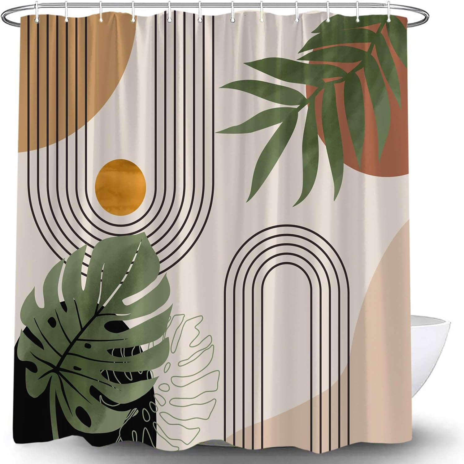 Mid Century Boho Sage Green Shower Curtain Abstract Geometric Modern Plant Botanical Minimalist Leaf Arch Sun Tropical Palm Leaf Neutral Navy Blue Fabric Bathroom Curtain Set with Hook