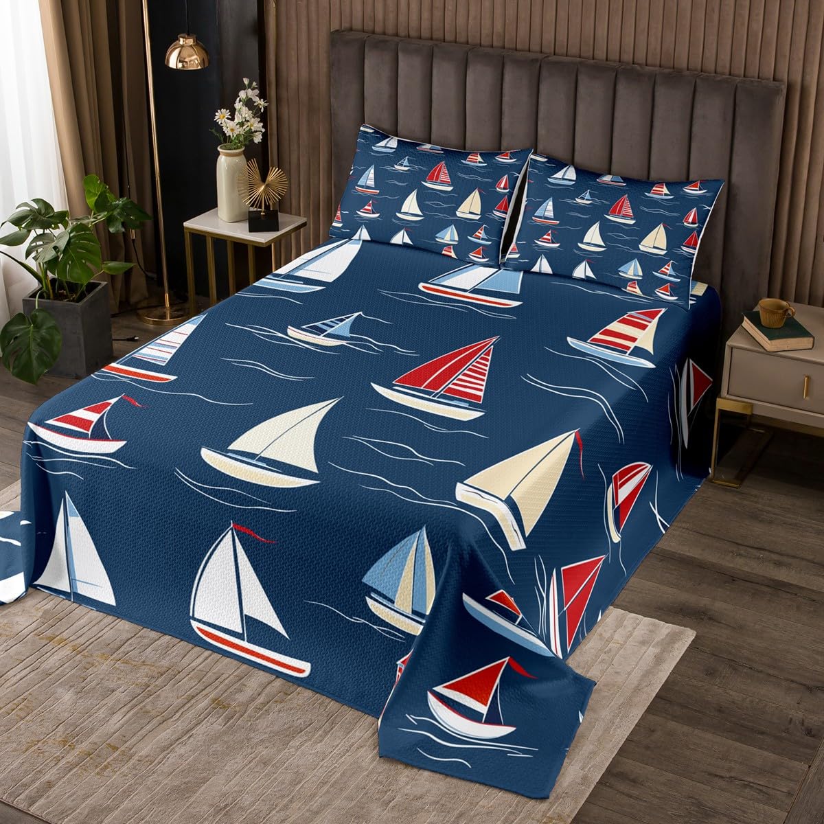 Feelyou Sailboat Coverlet Nautical Decor Bedspread Sea Adventure Quilt Set for Kids Boys Girls Children Teens Summer Holiday Bedroom Decor Ocean Marine Themed Quilted Bedroom Collection Twin Size
