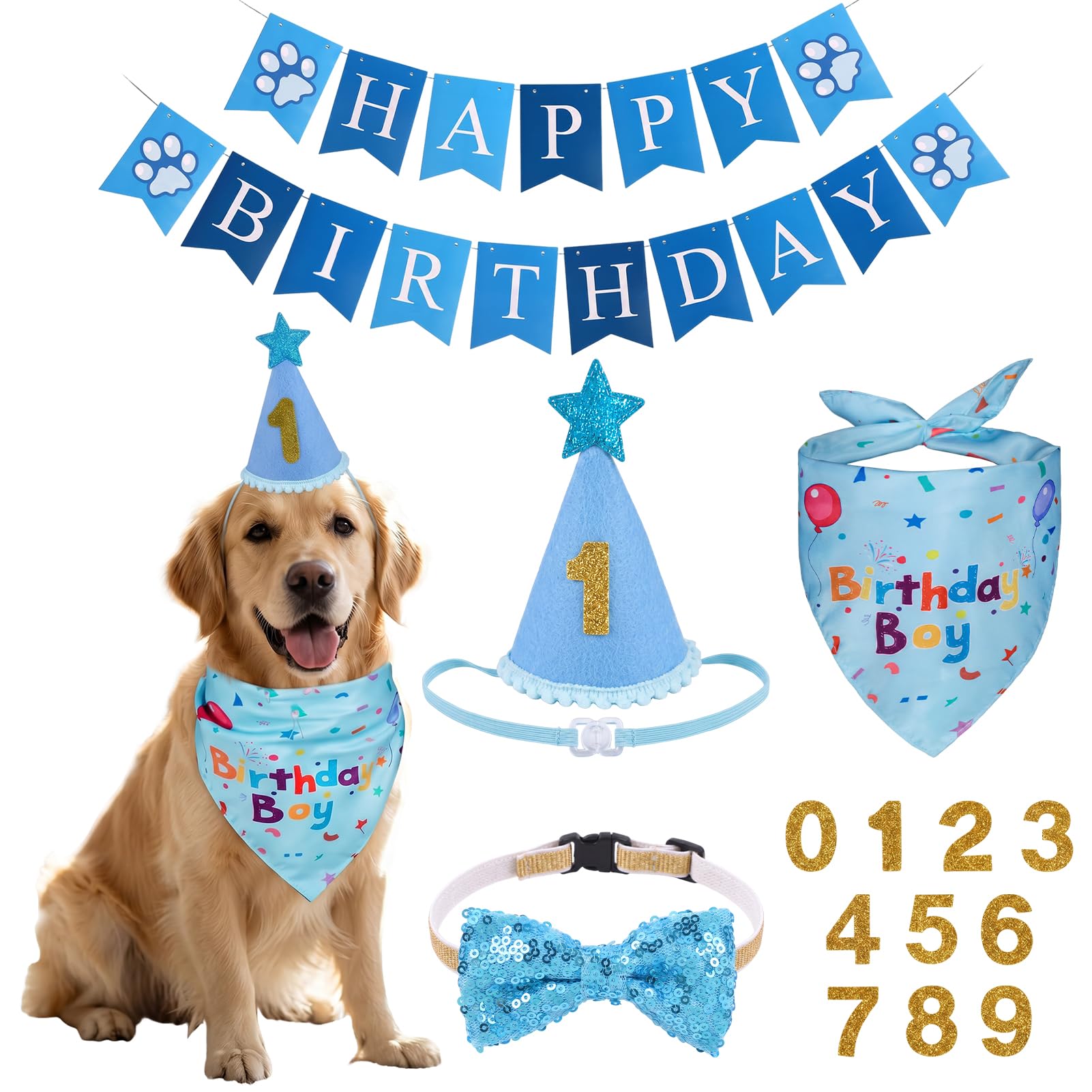 Set of 5 Dog Birthday Bandana Banner Triangle Scarfs, Dog Hat Number Bow Tie, Birthday Decorations for Small Medium Dogs Cats Costumes Headwear, Blue