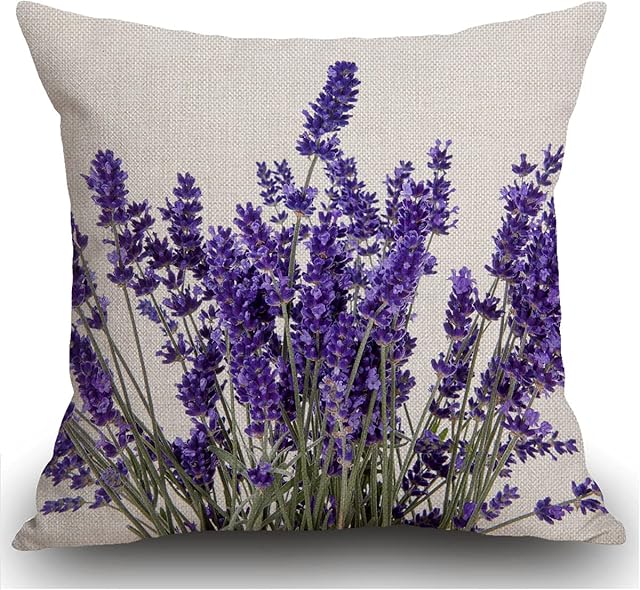Smooffly Throw Pillow Case Lavender Flowers Cushion Covers 18x18 inch Linen Square Throw Pillow Cover for Living Room Sofa Couch Bed Pillowcase 45cm x 45cm