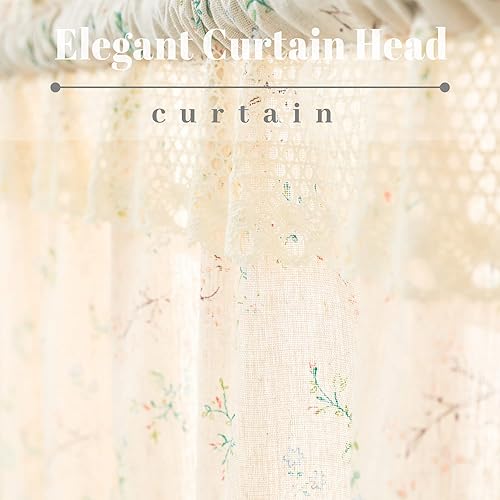 Miniatura 3 de Cortina de lino y algodón de 52 pulgadas de largo, elegante cortina corta de encaje floral para cocina y baño, 1 panel, hierba pequeña y flor sobre