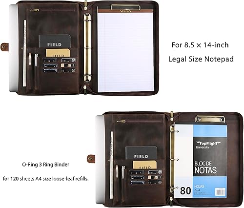 Miniatura 10 de Portafolio personalizado para hombres, organizador de cartera de tamaño legal de 8.5 x 14 pulgadas, carpeta de cuero con 3 anillos, portapapeles de