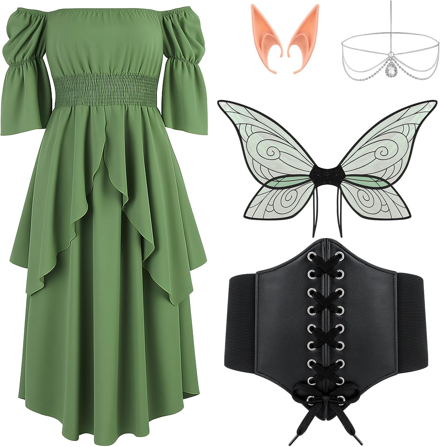 5 Pcs Women Fairy Elf Costume Off Shoulder Renaissance Medieval Forest Fairy Elf Dress for Cosplay Outfit Green