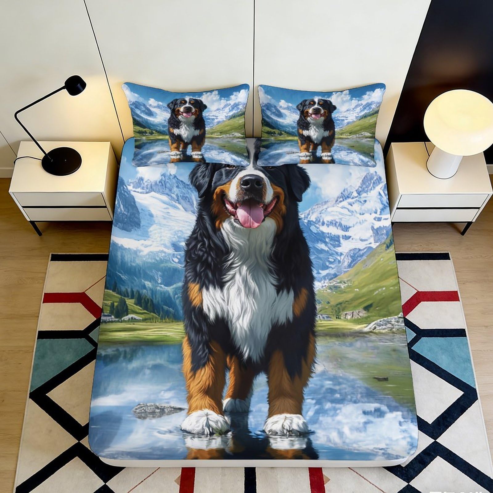 3D Printed Bernese Mountain Dog Fitted Sheet Microfiber Scenic Lake Bed Cover Anti-Slip Washable Decor for Bedroom Guestroom 90x200x25cm