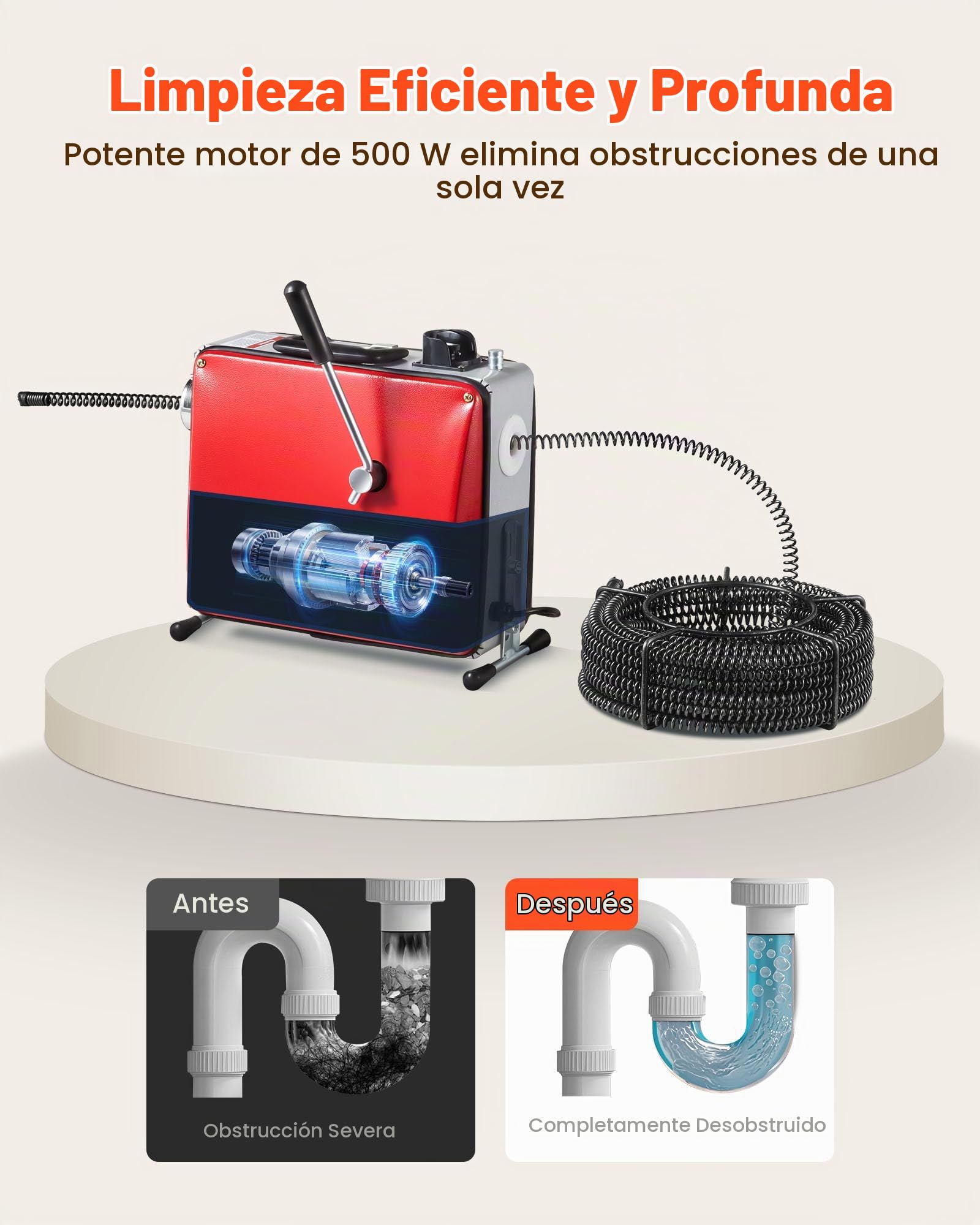 VEVOR Desatascador de Tuberías Eléctrico 500 W 1400 RPM con Cable de Resorte de 20 m x 16 mm, 0,4 m x 16 mm, 5 m x 9,5 mm y 8 Cabezales de Limpieza, Apto para Tuberías de 50 a 110 mm de Diámetro