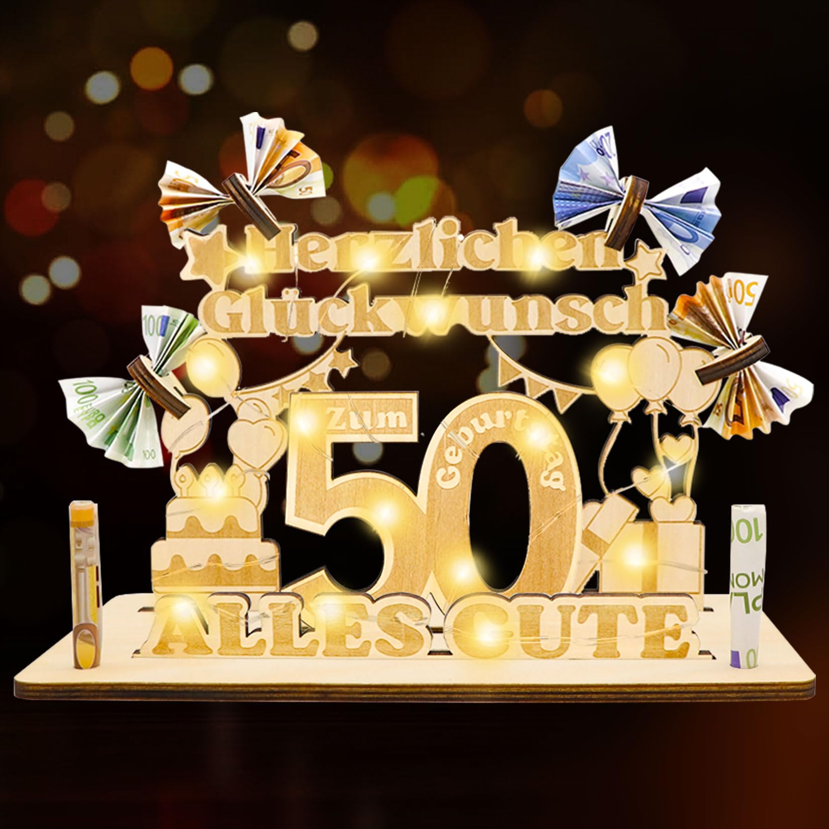 50. Geburtstag Geschenk – Holz-Gästebuch Mit LED Lichterkette Für Geldgeschenke & Deko