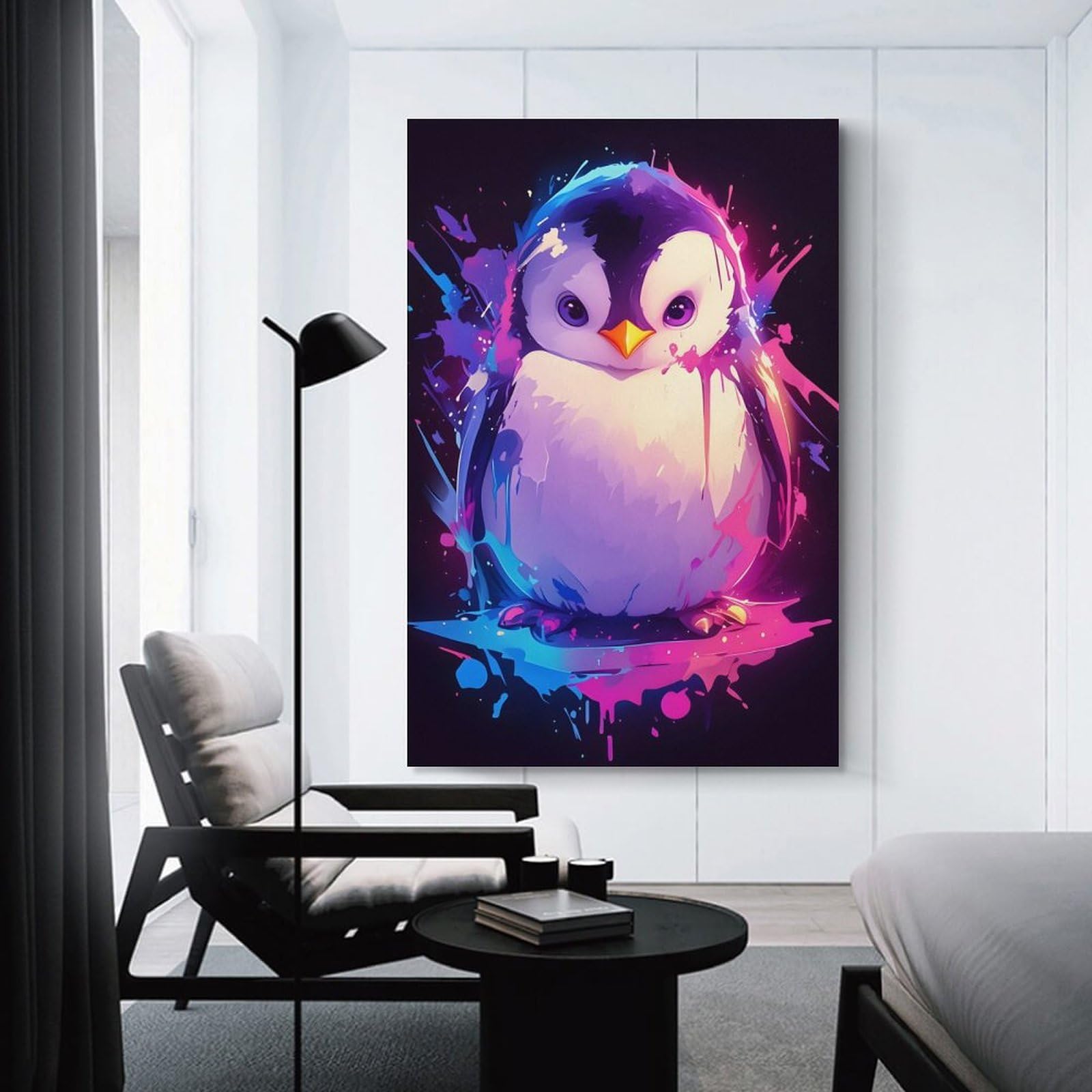 Junmoney Penguin Paint Splatter Home Decor Wall Art, 24x36inch(60x90cm), for Apartment Walls, Studios Or Work Areas, Decorative Canvas Decor for Home Updates