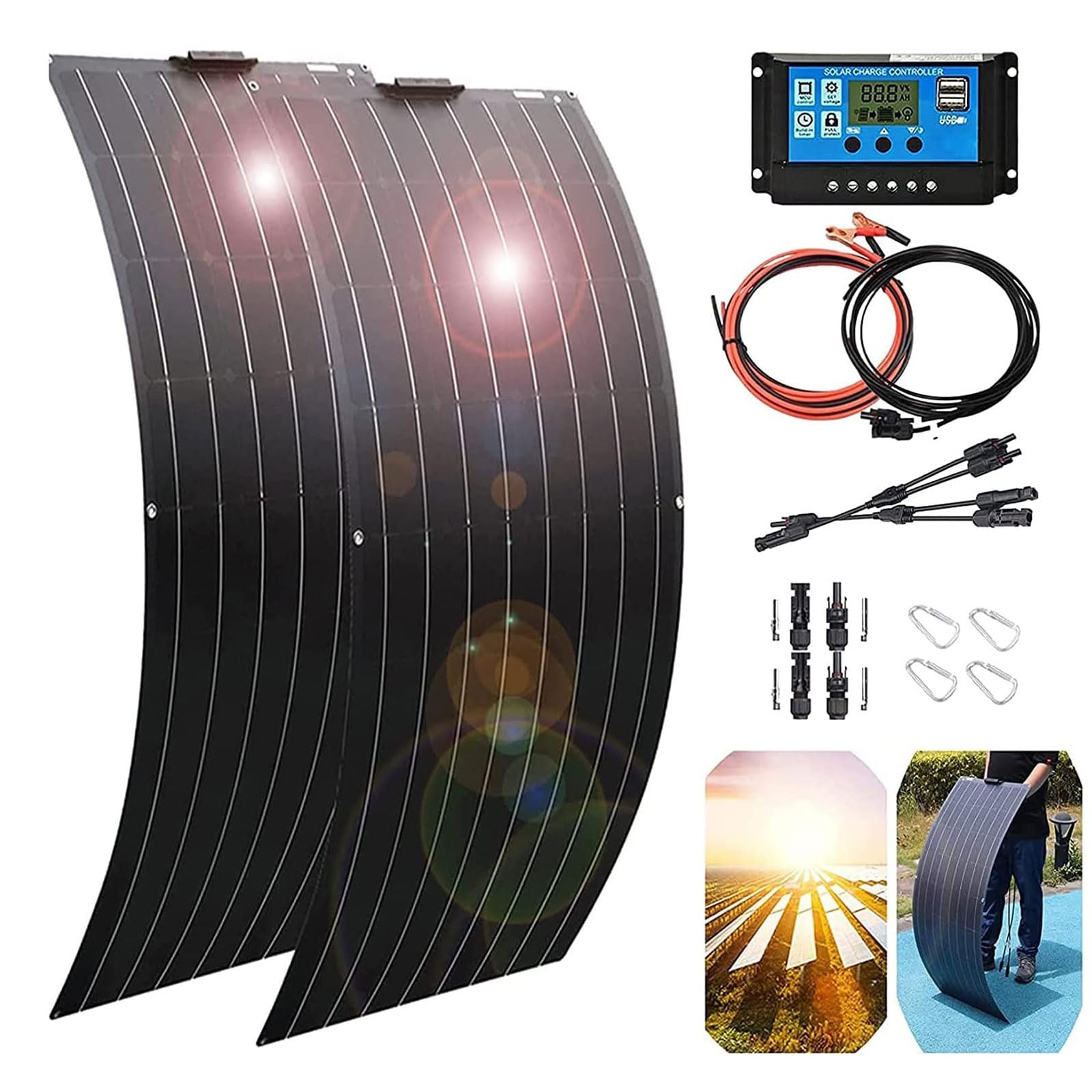 Miizoo One Color 1600W Flexible Solar Panel Kit, 2 X 800W Monocrystalline Panels With 40A Charge Controller For 12V/24V Battery Charging, Ideal For Motorhomes, Boats, Caravans, Applications F