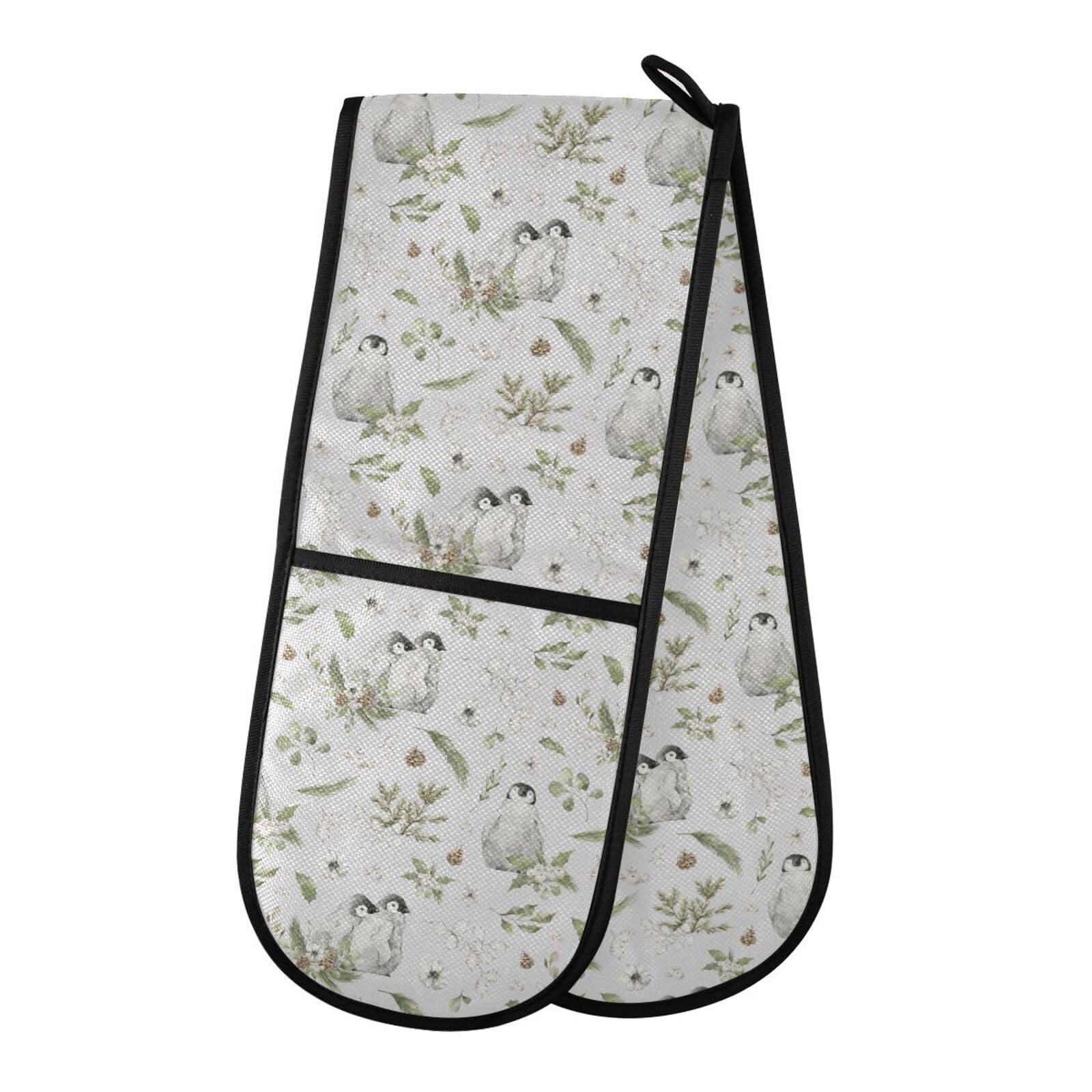 Double Oven Gloves Watercolor Cute Penguins Floral Heat Resistant Pot Holder Oven Mitt Gloves for BBQ Cooking Baking Grilling Microwave