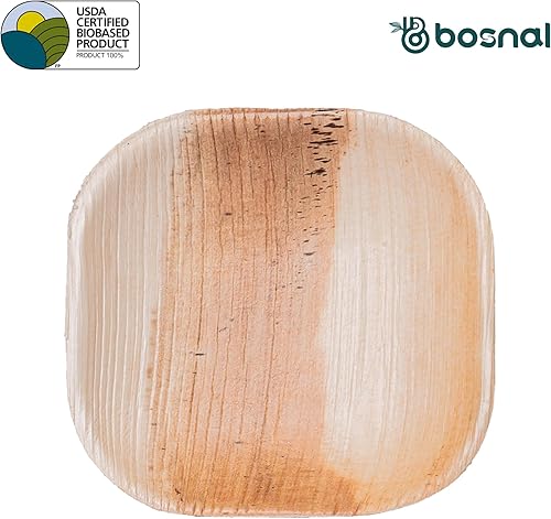 Miniatura 8 de Platos biodegradables de hoja de palma, 4 pulgadas, cuadrados, 25 piezas, compostables, estilo de bambú y madera, apilables, grado restaurante,