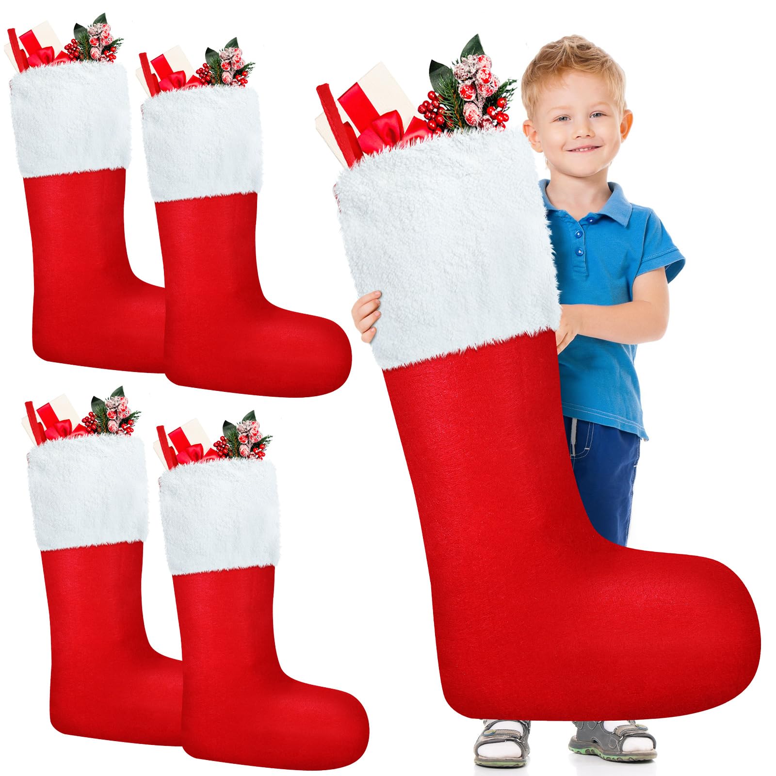 Zhanmai 4 Pieces Jumbo Felt Christmas Stockings 44 Inch Fillable Giant Xmas Hanging Oversized Large Xmas Stockings for Home Office Holiday Party Decorations(Classic Style)