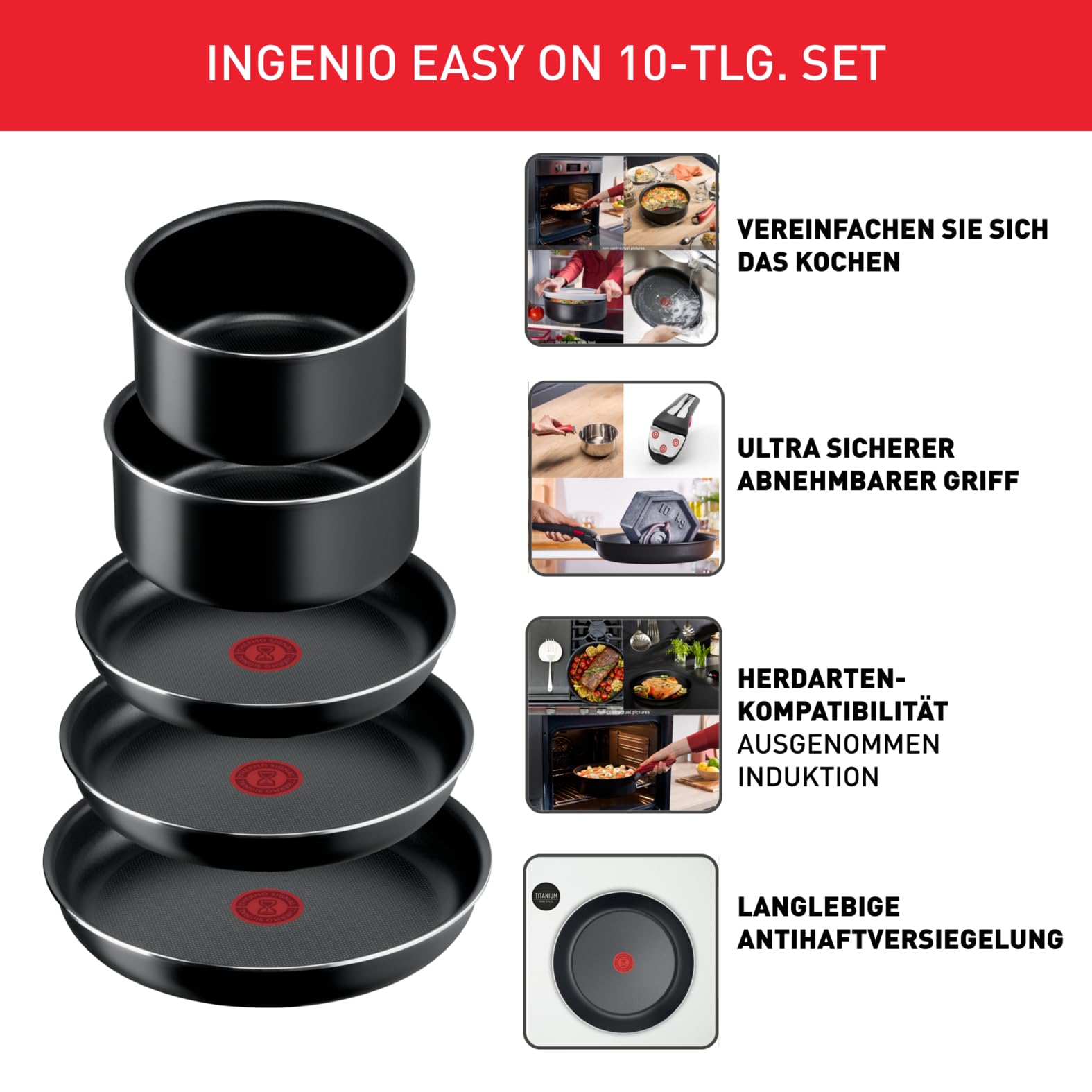 Tefal Ingenio Easy On 10-teiliges Topf und Pfannenset abnehmbarer Griff, stapelbar, platzsparend, Töpfe und Pfannen mit Antihaftversiegelung, einfache Handhabung und Reinigung, L15999, Ohne Induktion