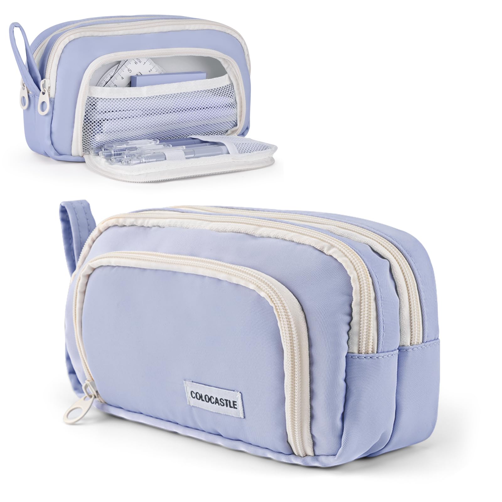 COLOCASTLE Pencil Case with 3 Compartments Pencil Case Large Capacity Pencil Case Girls Boys Teenagers Adults Pencil Case with Carry Handle for School Office, Mist Blue, 21cm*12cm*17cm, simple