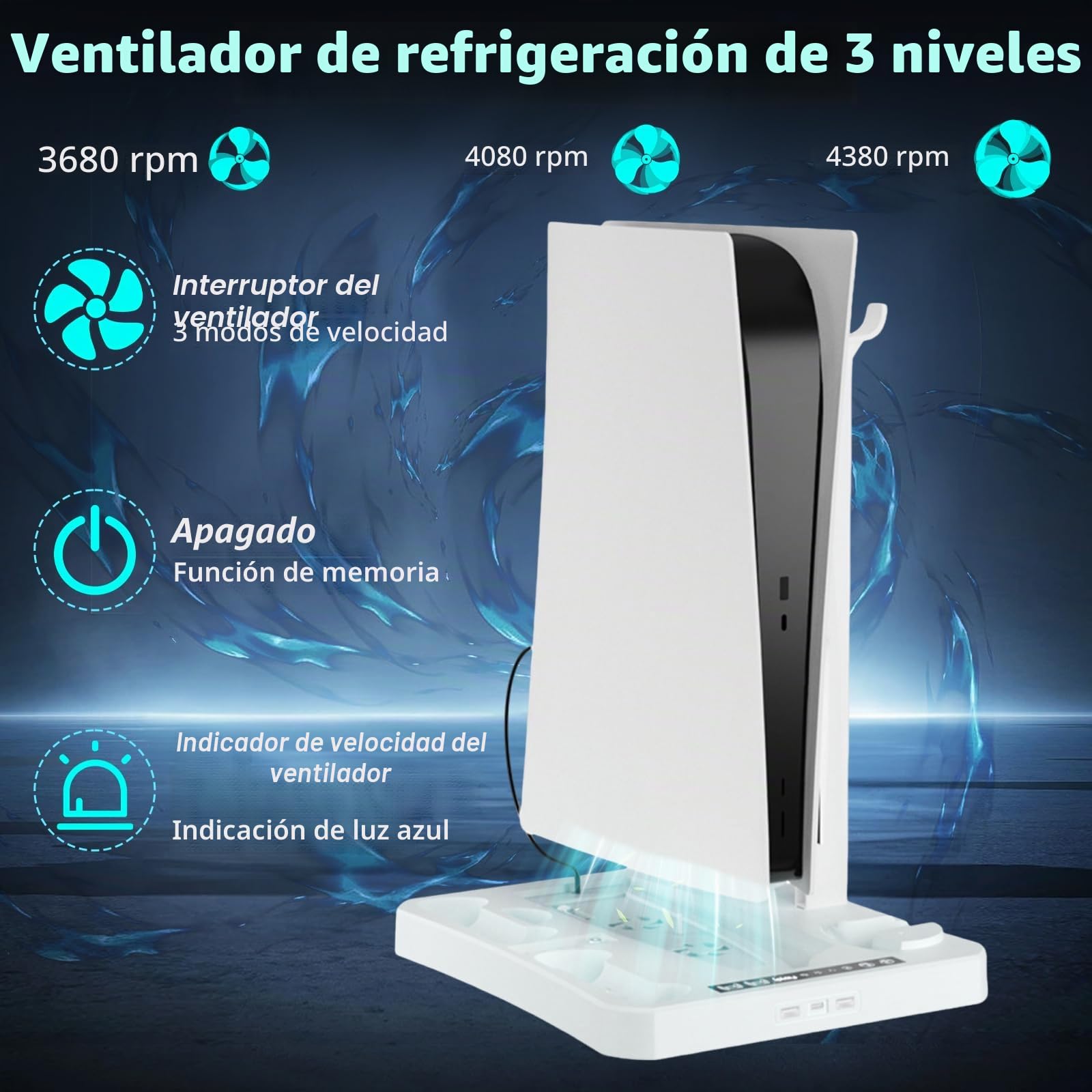 Soporte y estación de refrigeración para PS5 y PS VR2 con estación de carga de controlador, soporte 3 en 1 PS5 con 2 ventiladores de refrigeración para 5 y VR2, soporte para auriculares,