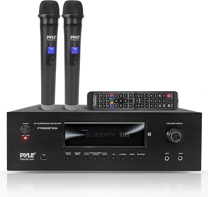 Pyle Récepteur Home Cinéma Bluetooth 5.2 1000W – Amplificateur Stéréo Karaoké avec 2 Micros sans Fil UHF, HDMI 4K/3D, MP3/USB, Radio AM/FM – Égaliseur DSP, Écho & Contrôle Volume Micro – Noir