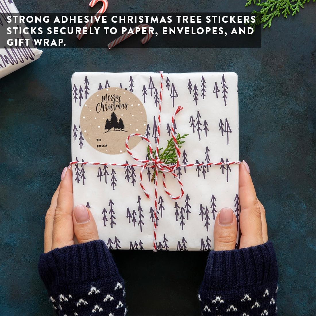 Andaz Press Christmas Round Circle Gift Sticker Labels, Modern Black Forest Trees On Kraft Brown, Merry Christmas, 40-Pack, Black to and from Stickers - Image 9
