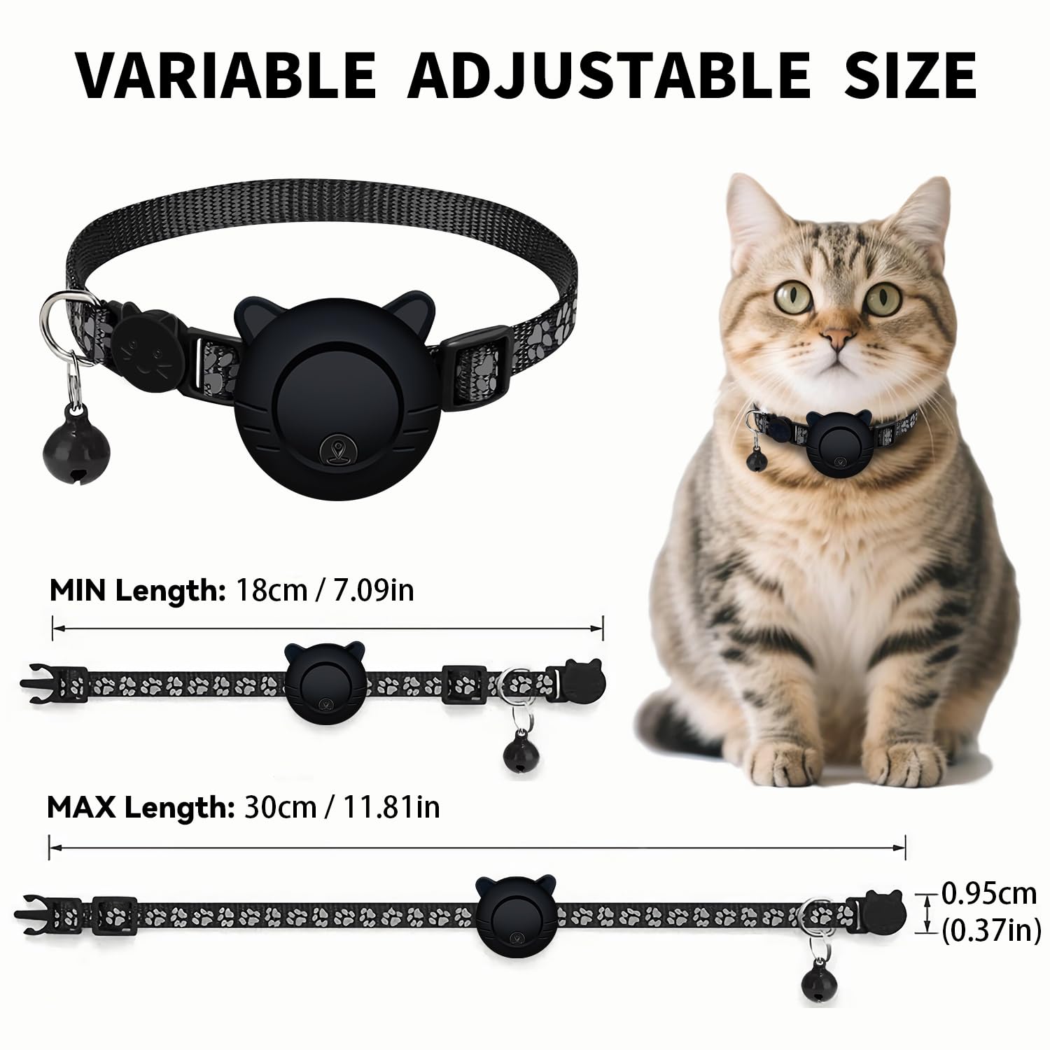 Waterproof Cat Tracker Collar with Airtag Finder | Apple Find My Compatible (iOS Only) | Breakaway Design with Reflective Pattern & Bell | Fits Neck Sizes 8-12" | Black - image 5