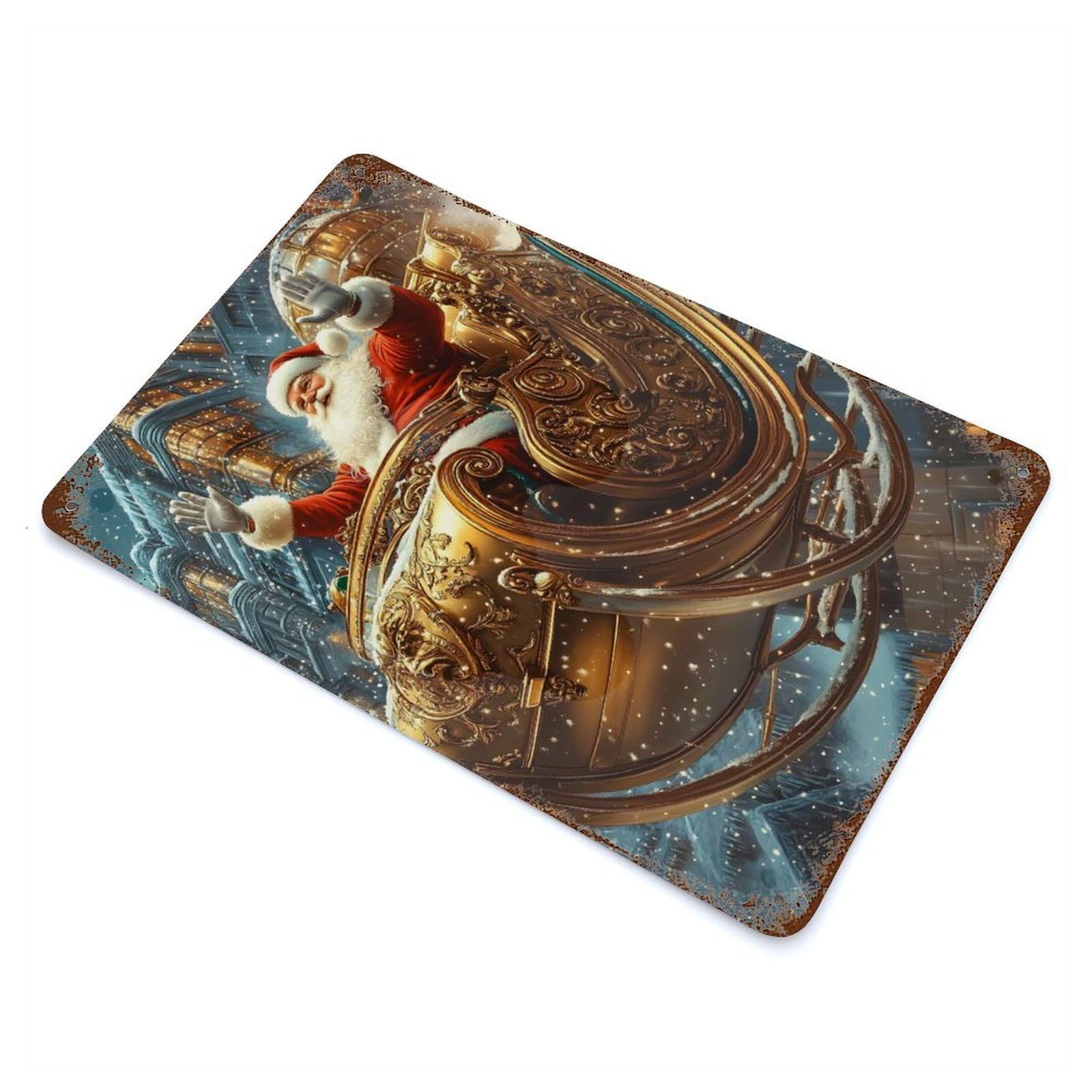 Santas Golden Sleigh Rust Effect Tin Sign 11.8"x7.9", Novelty Wall Decor for Garage, Pub Or Kitchen