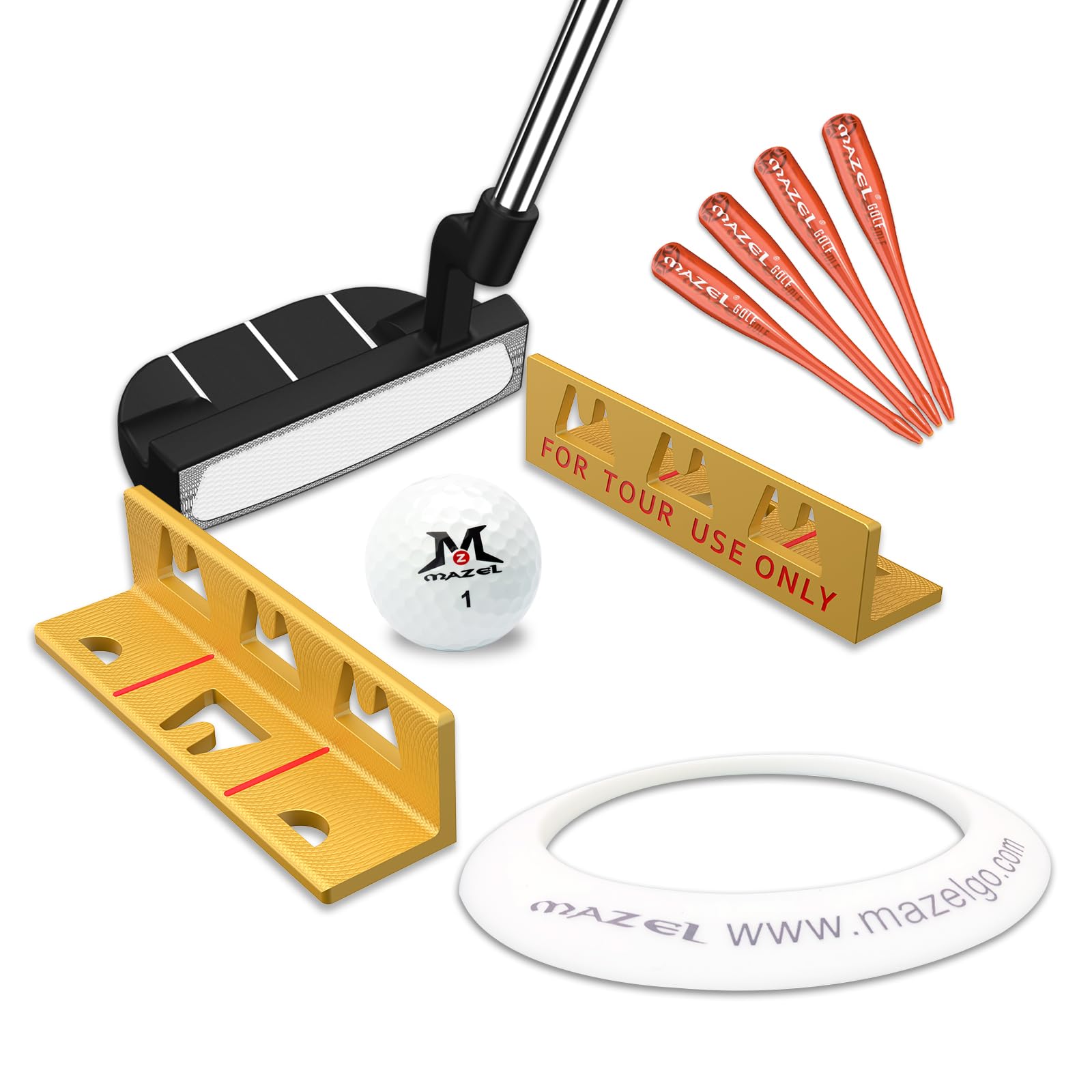 MAZEL Golf Alignment Putting Training Aids Set - Golf Putting Path Tool for Consistency & Accuracy 1 Alumimum Put Gates,1 Rubber Ring & 4 Plastic Tees