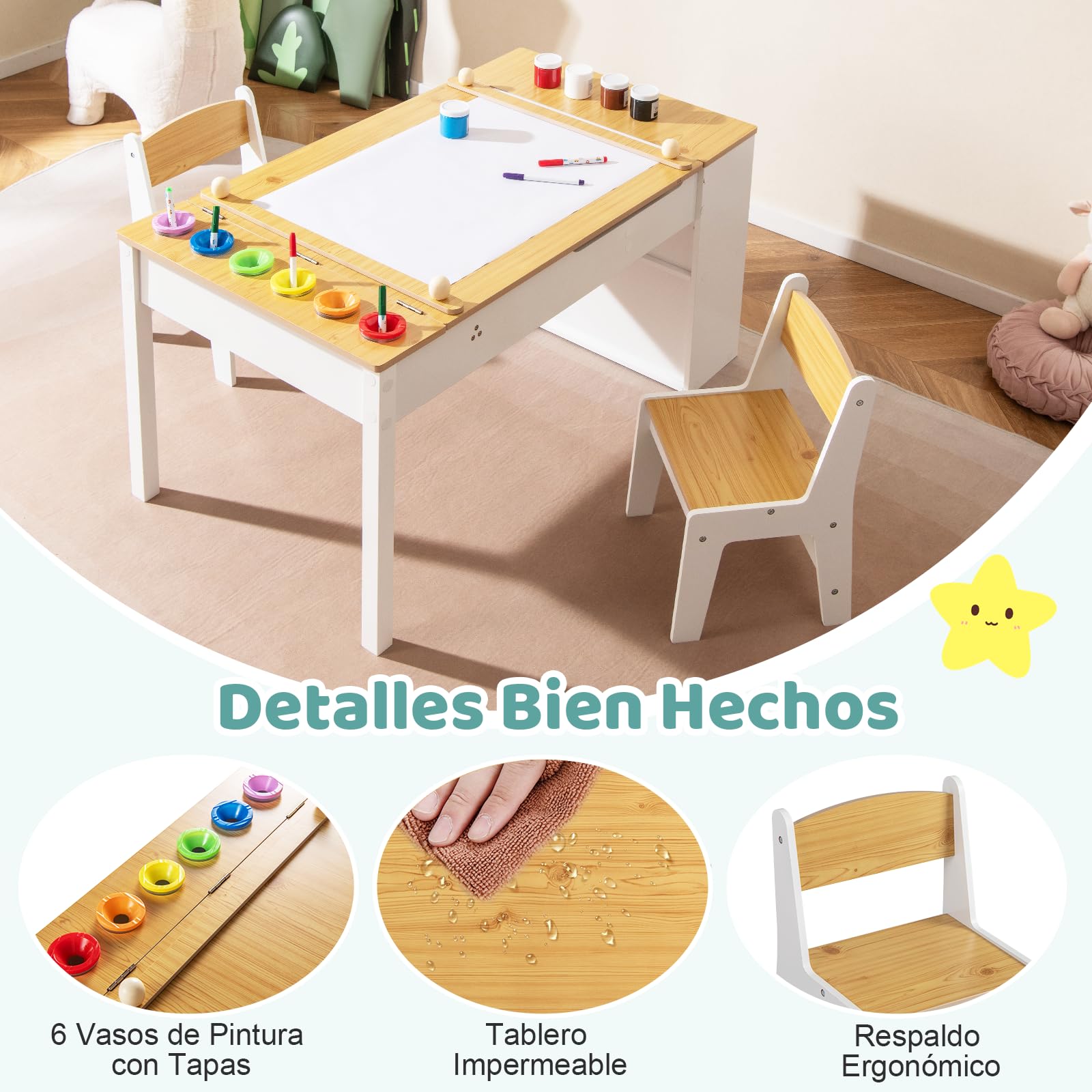 COSTWAY Juego de Mesa y 2 Silla de Arte para Niños, Escritorio de Juegos y Manualidades 2 en 1 para Niños con Mesa Elevable, Rollo de Papel, Vasos de Pintura y 6 Contenedores (Natural)