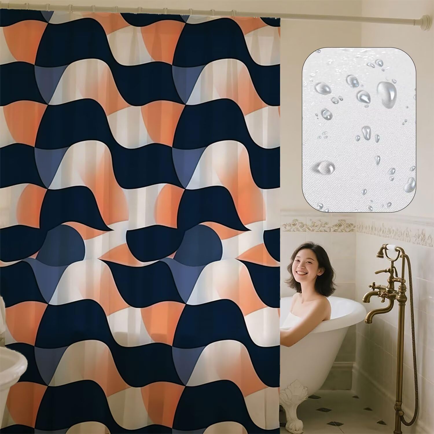 Abstrakt Duschvorhang 200 x 200 cm, Duschvorhang Gitter Muster mit 12 Duschvorhangringe, Waschbar Polyester Stoff Wasserdicht und Trocknet Schnell Badevorhang Badewanne, Geschenke für Frauen G-808