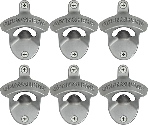 Abridor de tapas de botellas de montaje en pared de plata antigua, abridor de cerveza vintage montado en poste ABIERTO AQUÍ Antiguo (6 paquetes)