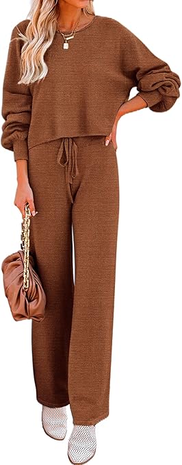 Ekouaer Knit Lounge Sets for Women 2 Piece Cozy Long Sleeve Pullover Sweater Top and Wide Leg Pants Set Pajamas Outfits