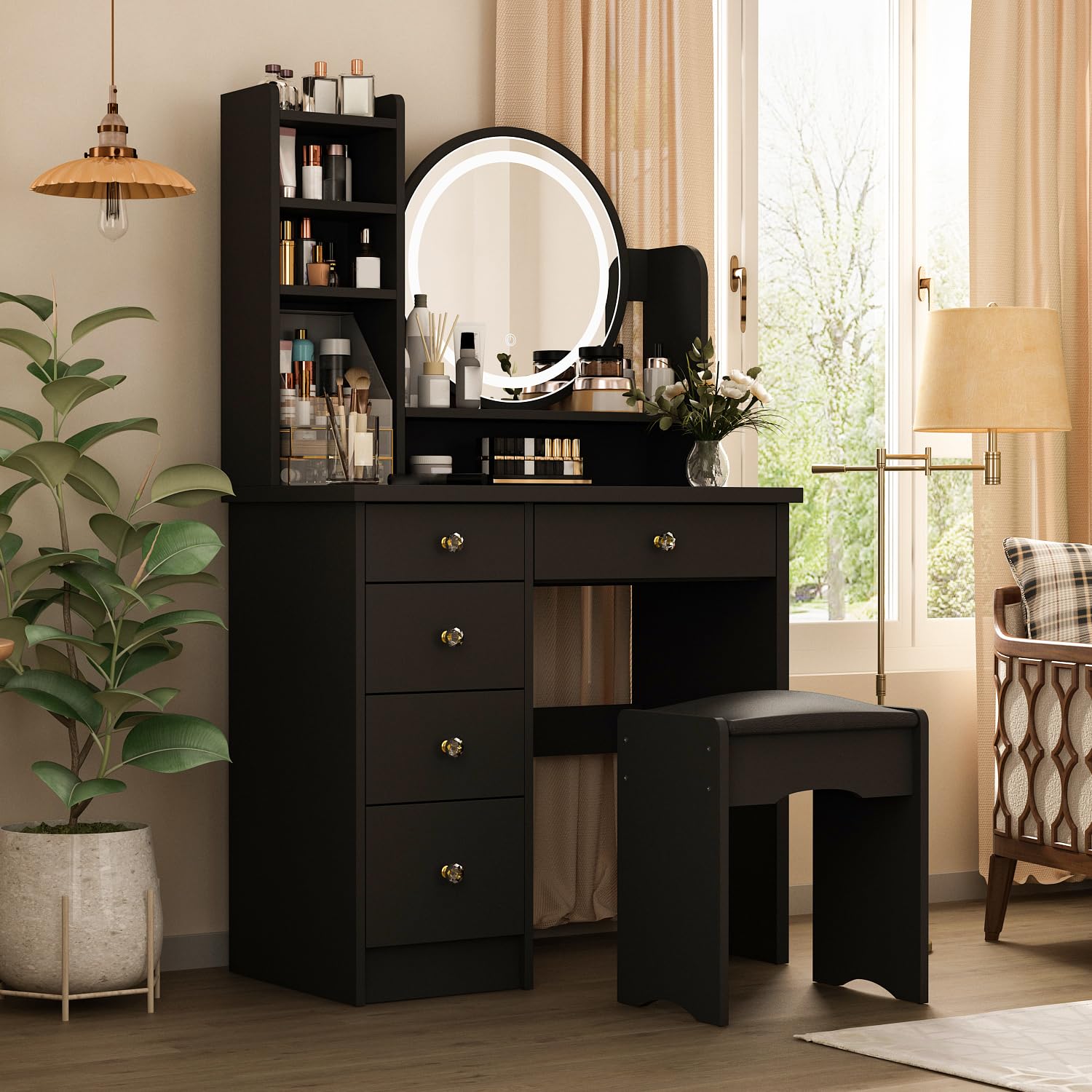 MOUMON Vanity Desk with Lights, Vanity Desk with Mirror and Lights, Makeup Table with Drawers and Shelves, Crystal Handles, Cushion Stool, Black