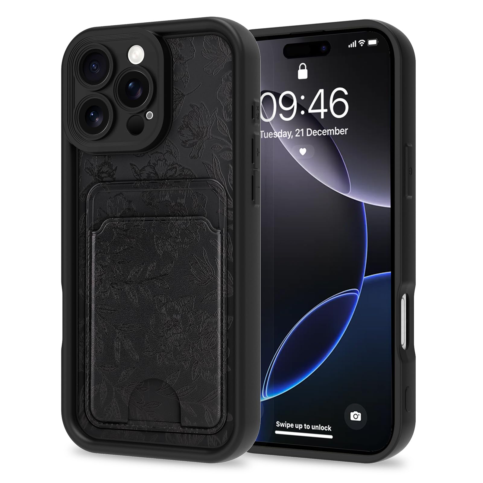 MZELQ Compatible with iPhone 16 Pro Case Silicone Card Holder, Cute Pattern Rose Flower Floral Cover for Girls Women -Black