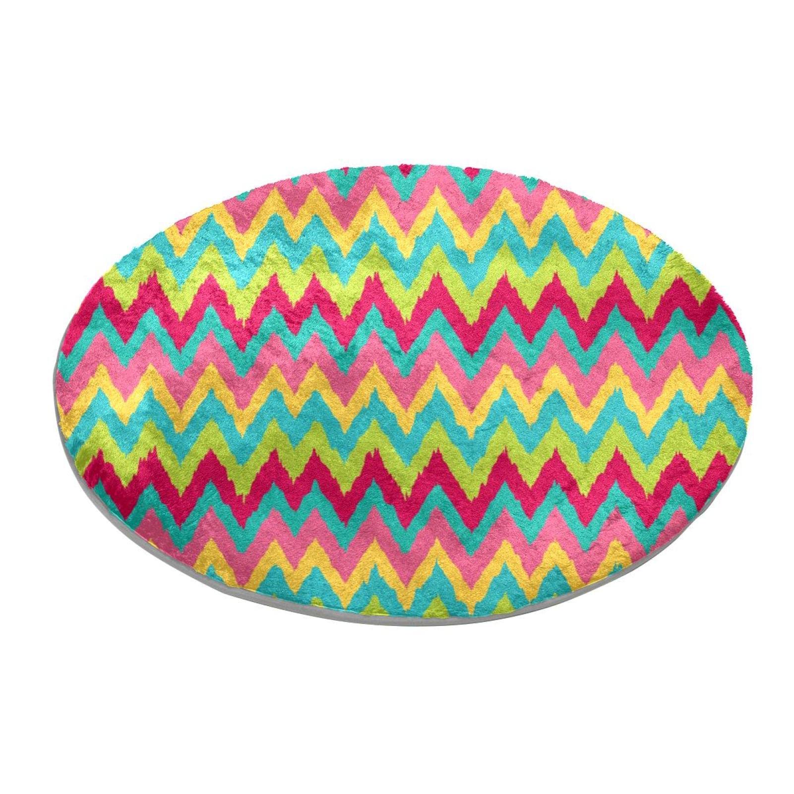 Runder Teppich in Gelb / Rosa / Blau / Grün mit Zickzackmuster für Schlafzimmer, Teppich, weich, waschbar, Fußmatte
