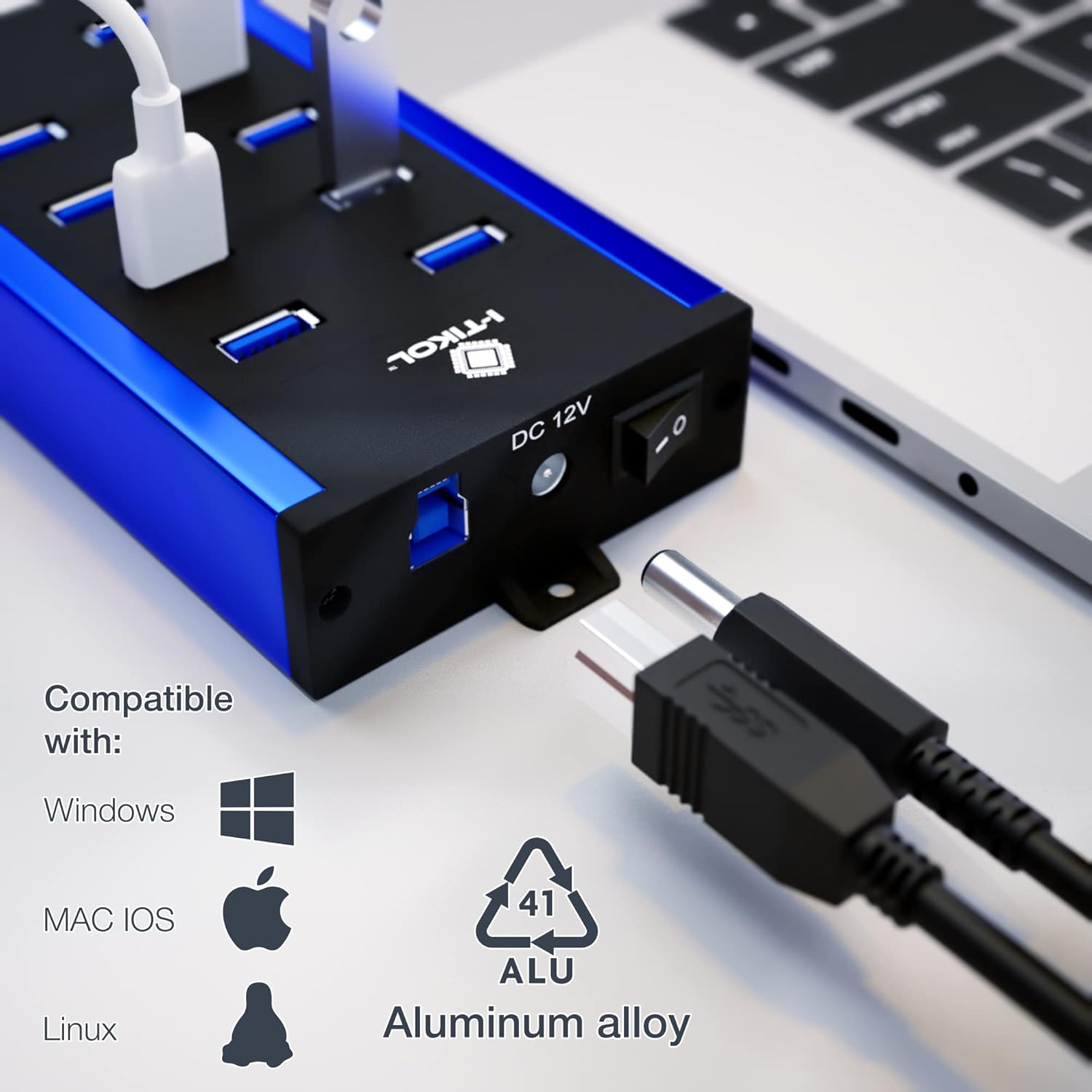 10 Ports Powered USB 3.0 Hub - 5Gbps High-Speed Expander With 12V 5A 60W 2.4mA Power Adapter - Aluminum Alloy Multiple Port Splitter for Laptop, Phone, Tablet, PC