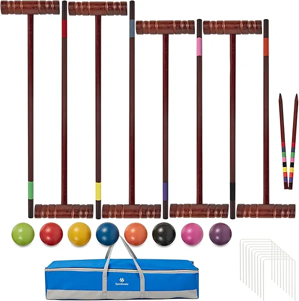 SpeedArmis Croquet Set for Adults - 8 Players Croquette Kit with 35In Deluxe, 32In Regulation Size Rubber Wood Mallets, Colored PE Ball, Wickets, 24In End Stakes, Lawn Backyard Game for Families