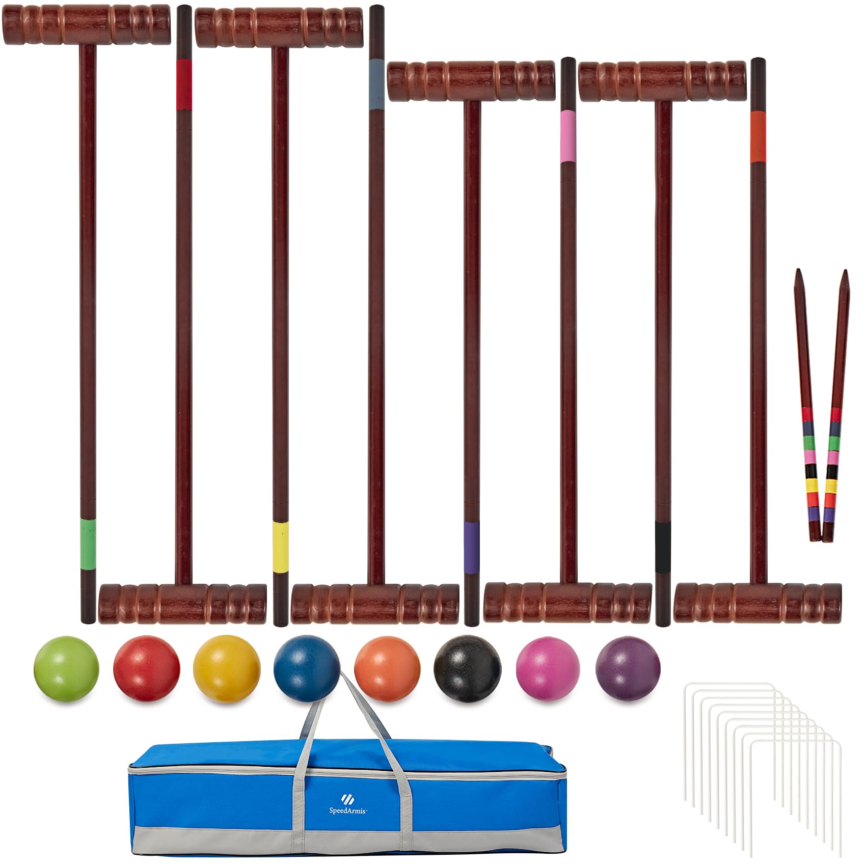Croquet Set for Adults - 8 Players Croquette Kit with 35In Deluxe, 32In Regulation Size Rubber Wood Mallets, Colored PE Ball, Wickets, 24In End Stakes, Lawn Backyard Game for Families