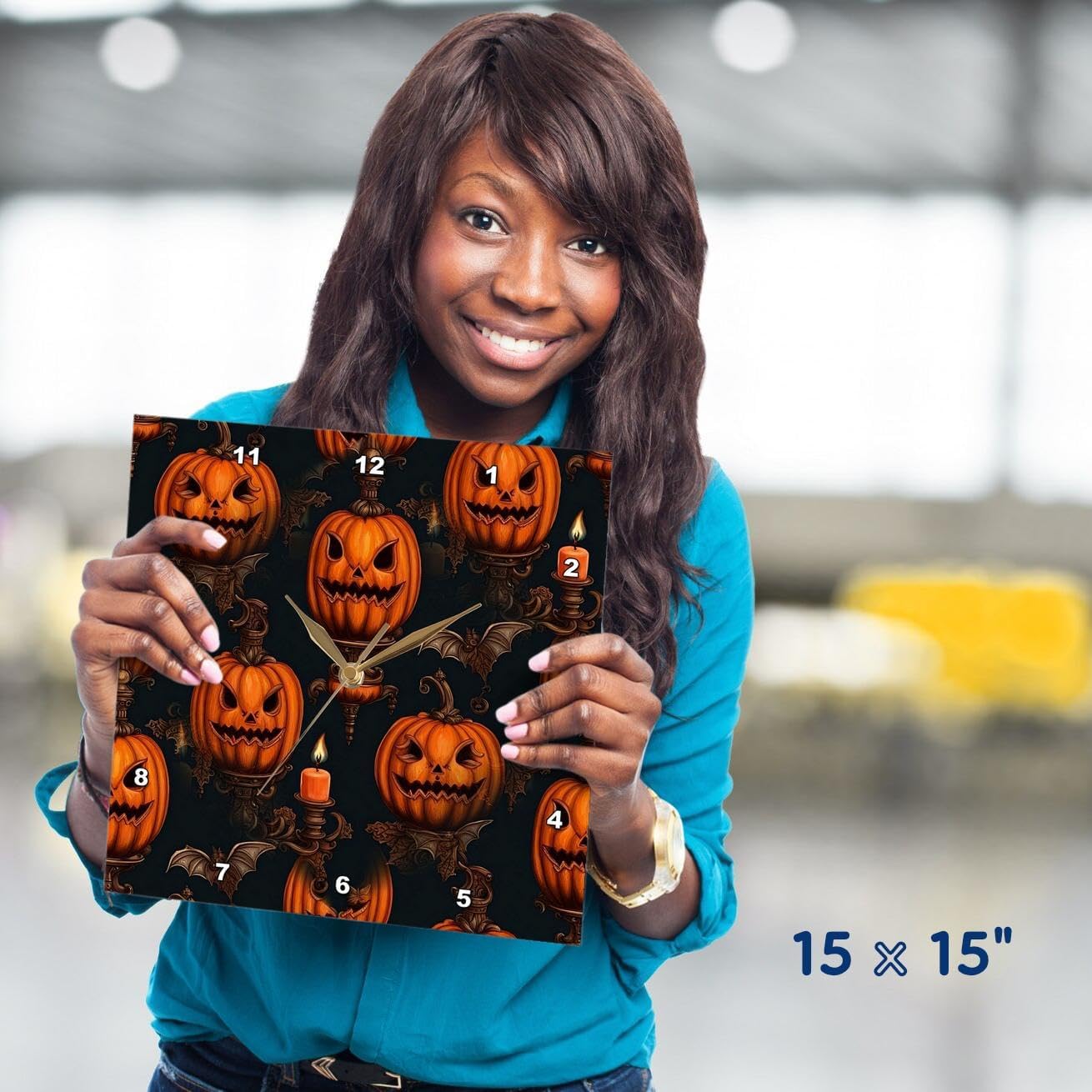 3dRose Wall Clock Silent - 15 inch - Jack O Lanterns, Flying Bats and Gothic Candle Sconce Cut Out - Vector Art - Halloween Lantern