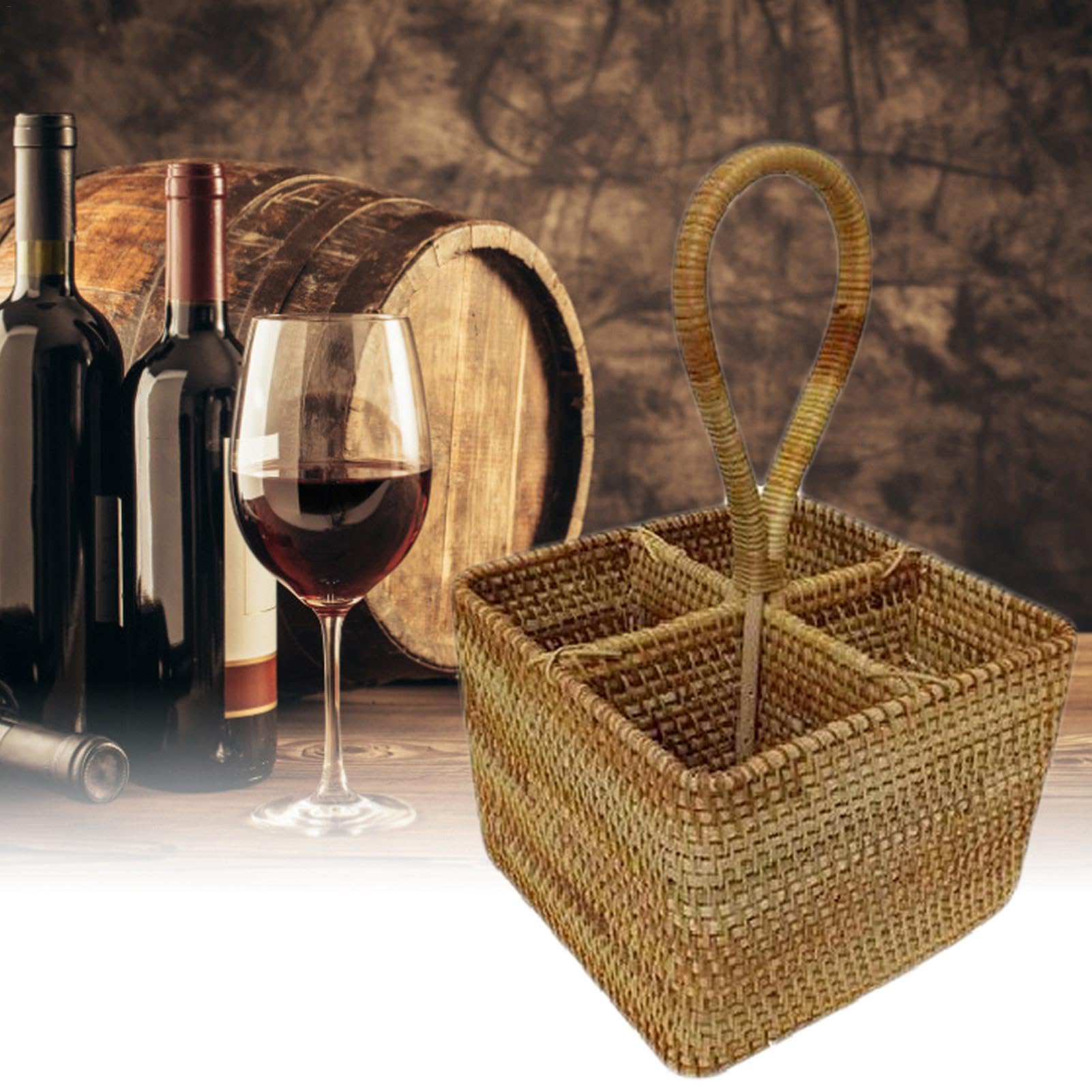 Cestino in vimini – Cesto portaoggetti in vimini naturale, intrecciato a mano, cestino da picnic 17,8 x 17,8 cm, manico lungo, 4 scomparti, cestino in rattan per picnic, bottiglie, posate, utensili da