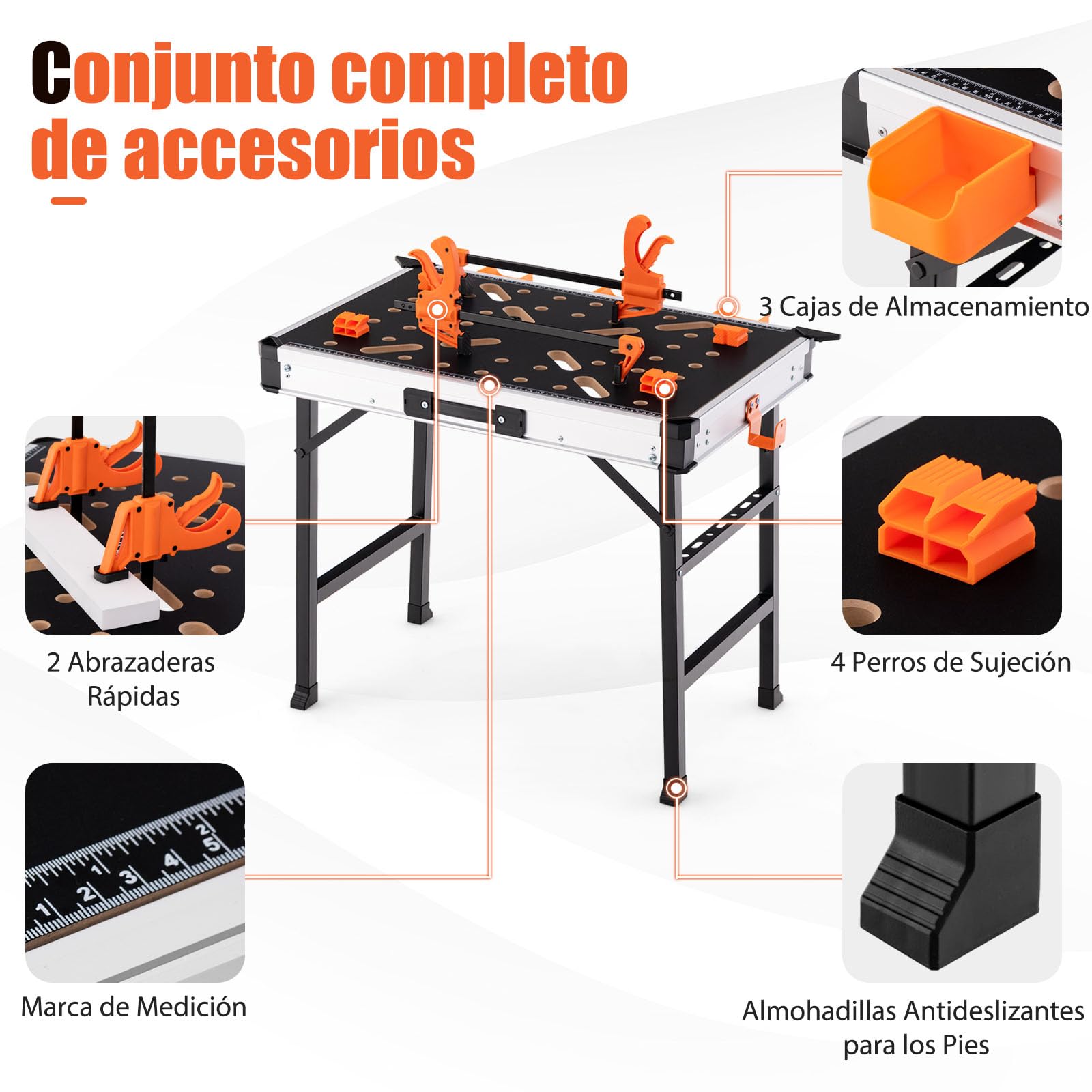 GYMAX Banco de Trabajo portáti de 84.5 cm, Mesa de Trabajo Plegable con 2 Cierres Rápidos, 4 Ganchos de Sujeción y 3 Cajas de Herramientas, Capacidad de Carga 454 kg, Banco de Rrabajo para Reparar