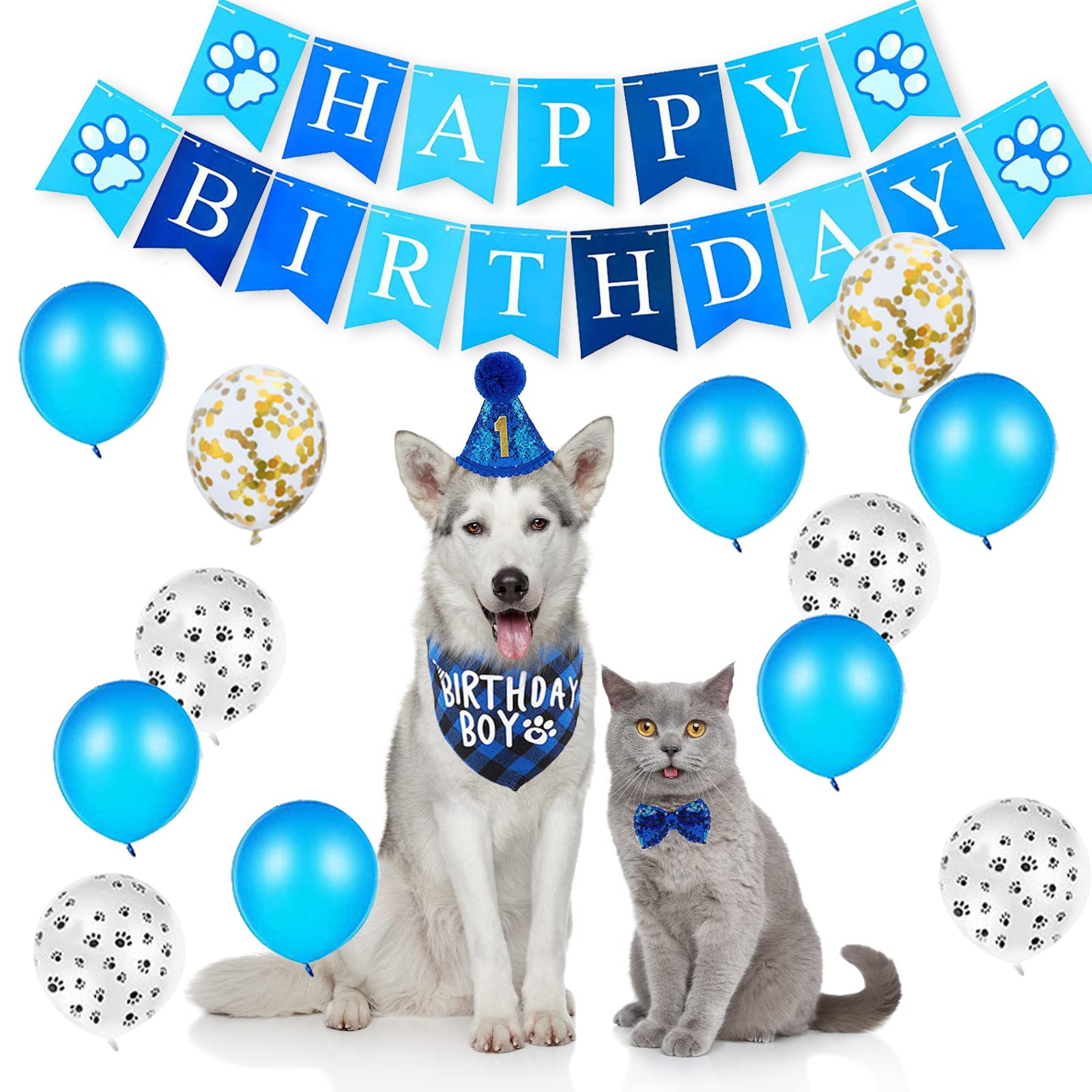 Hundegeburtstags-Dekoset Komplett - Mit Hut, Bandana, Banner & Ballons In Blau (Größe L)