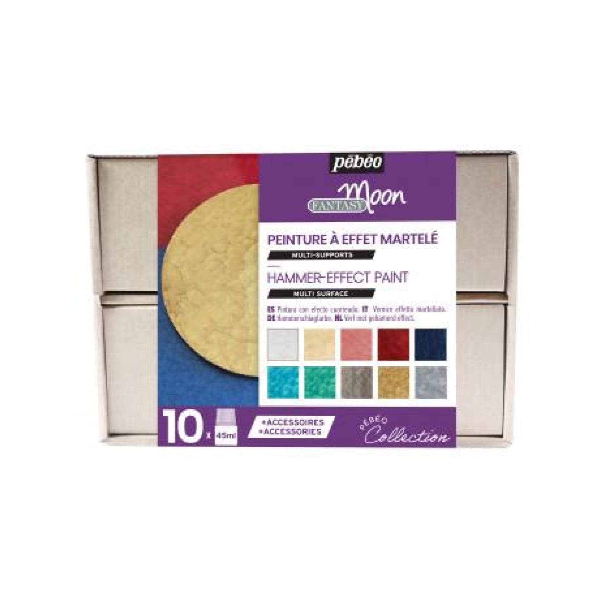 Pebeo Cofanetto Collezione Fantasy Moon-Kit Pittura Effetto Martellato-10 Flaconi Da 45 Ml Assortiti-2 Cerne Relief 20 Ml + Accessori + Guida Creativa, 450 Unità-image