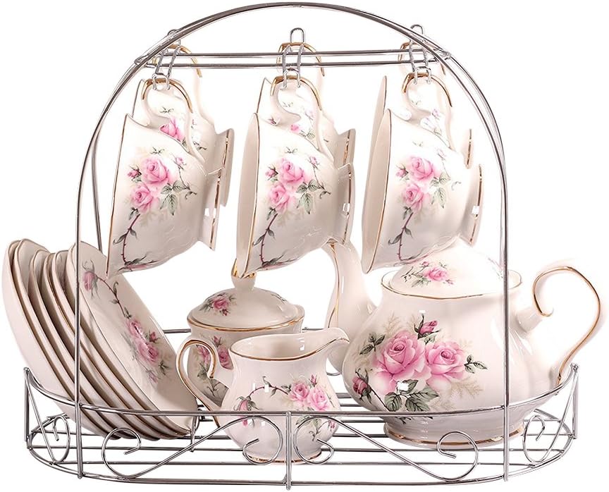 ufengke 15 Piece European China Coffee Cup Set, Ceramic Porcelain Tea Cup Set with Metal Holder, Tea Gift Sets, Pink Camellia Painting …