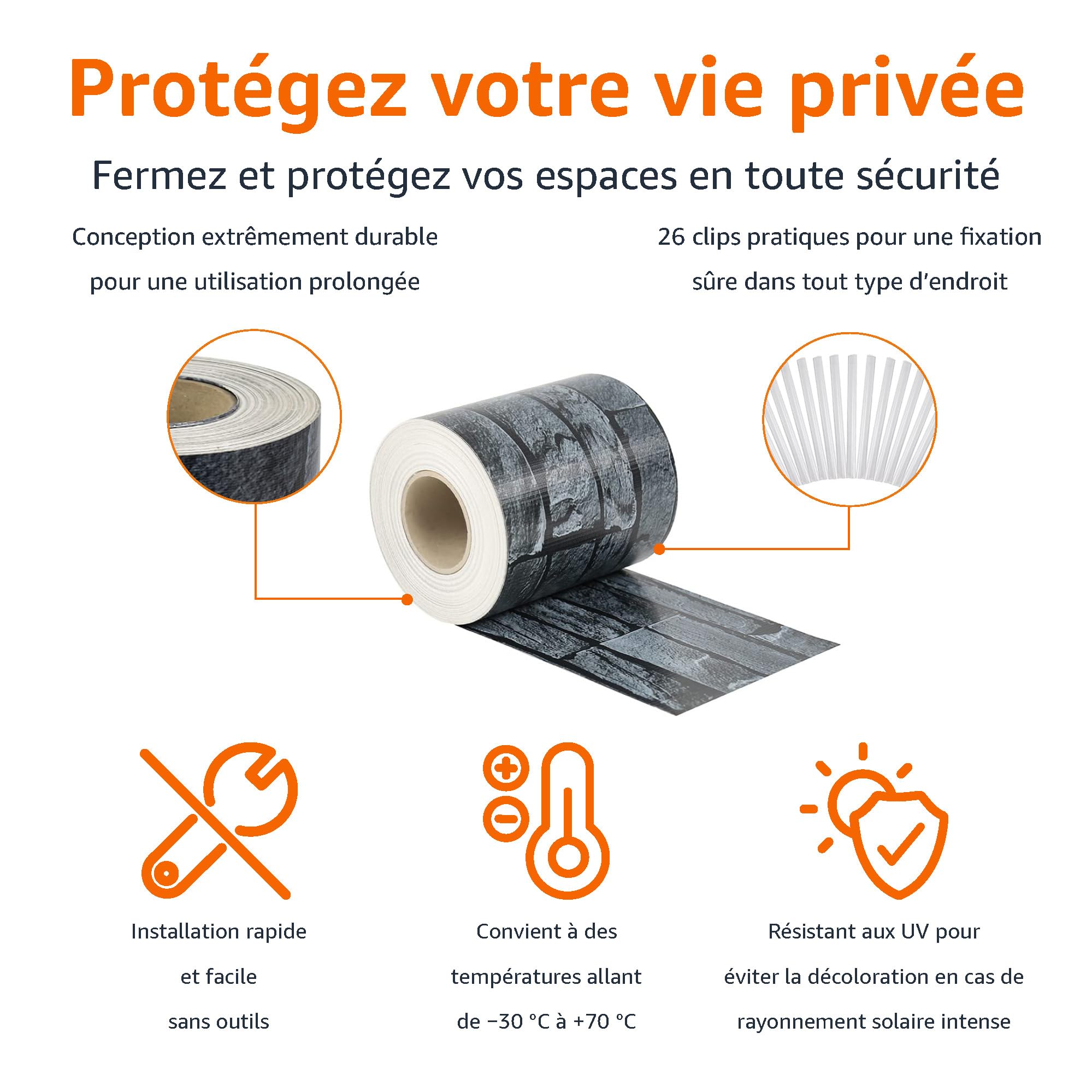 Amazon Basics Bande brise-vue avec 26 clips 50 m x 19 cm, Ardoise