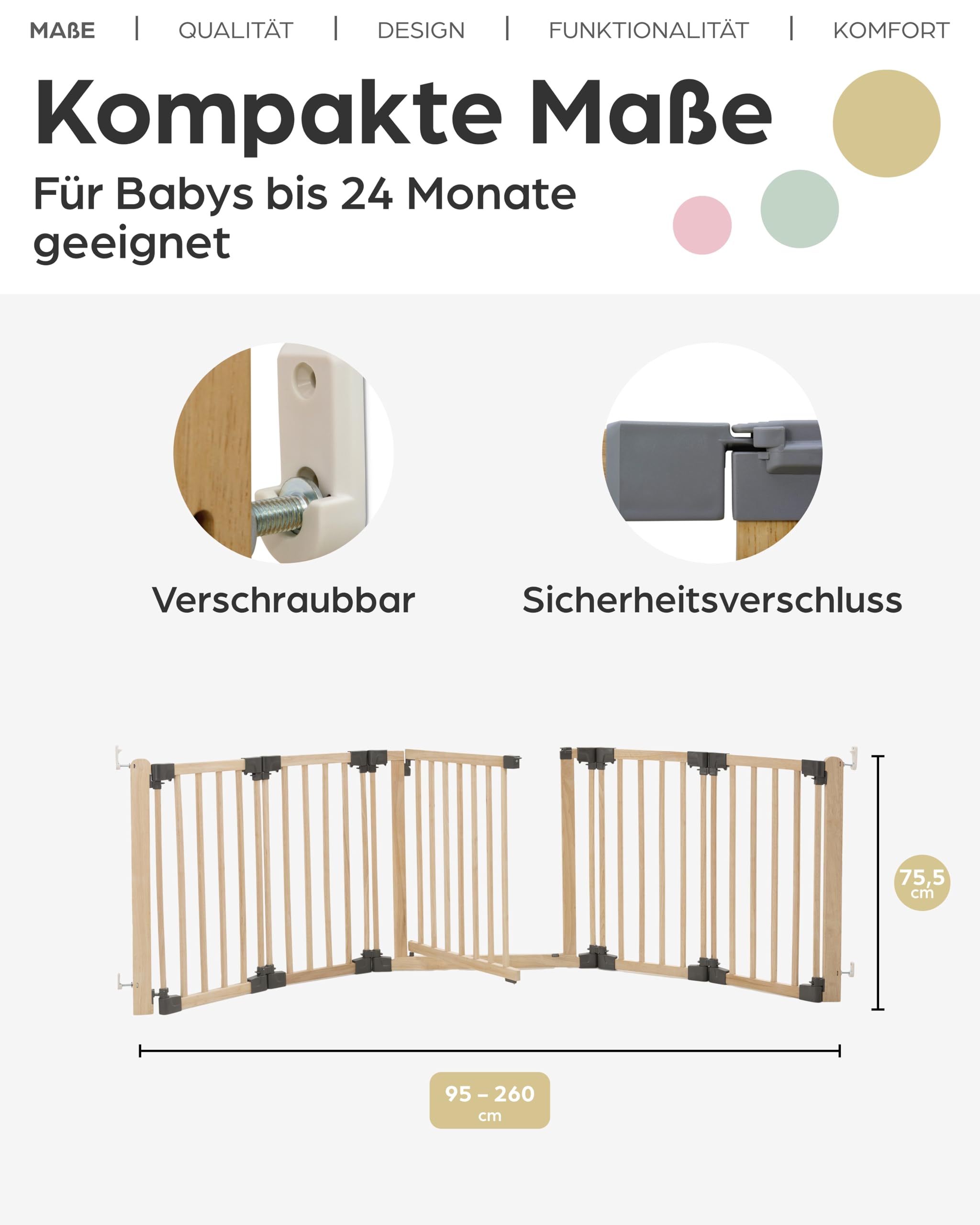 Yoko Kinderschutzgitter Holz 95-260 cm I Kaminschutzgitter flexibel freistehend oder Wandmontage I Sicherheitsgitter mit Türöffnung I Laufgitter erweiterbar I Zubehör kompatibel Gitterverlängerung