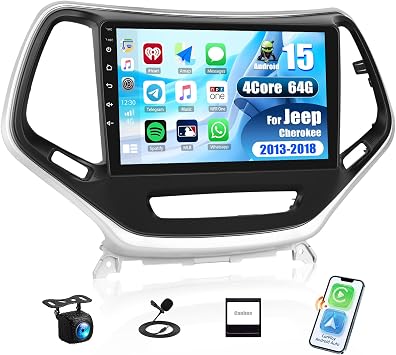 4-Core+64G Android 15 Car Stereo for Jeep Cherokee 2013-2018 Radio Wiereless Carplay Android Auto,10.1 Touch Screen Unit WiFi Bluetooth EQ FM/RDS GPS/SWC/Mirror Link 26-UI USB+Backup Cam+Canbus